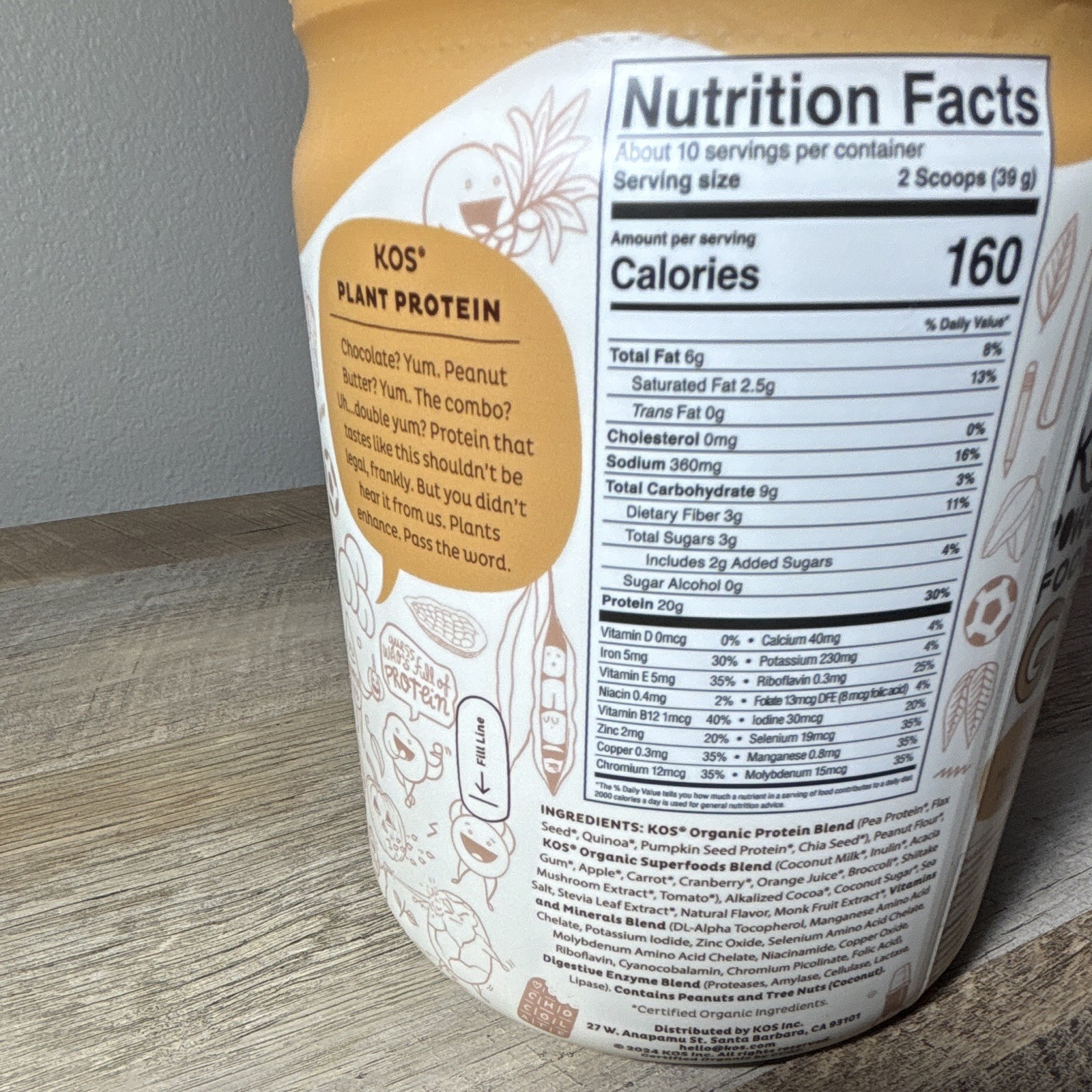 KOS Organic Non-GMO Plant-Based Protein Powder, Chocolate Peanut Butter