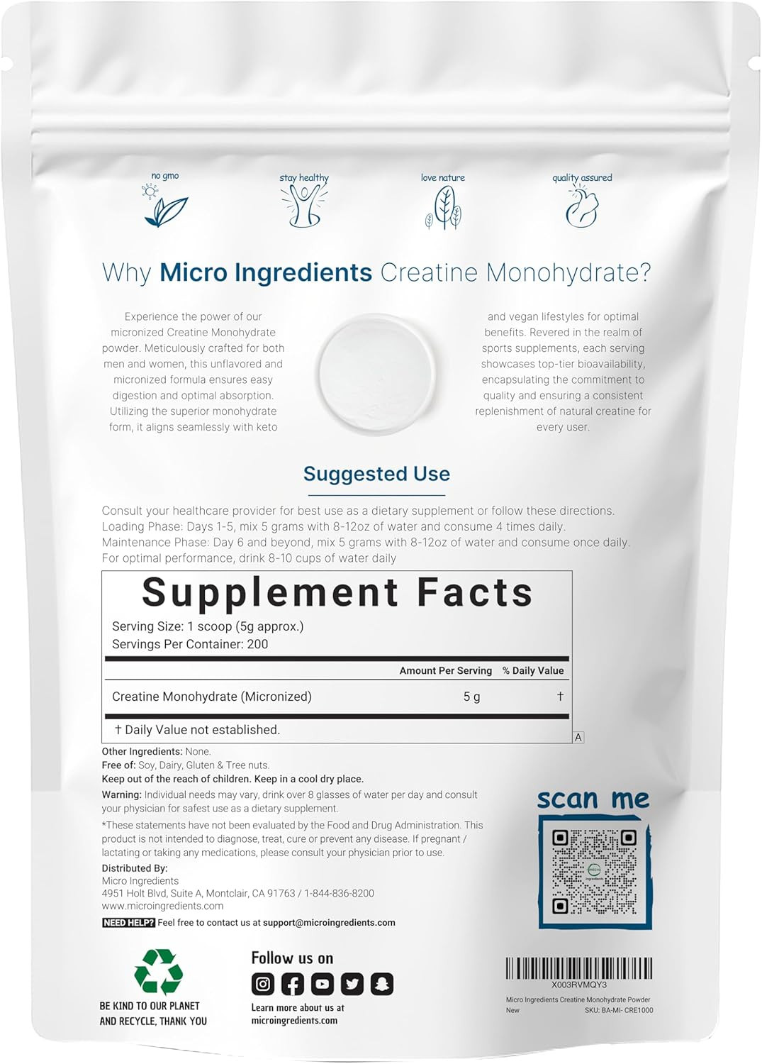 Creatine Monohydrate Powder 1 Kg, 5000Mg per Serving, Unflavored, Pure