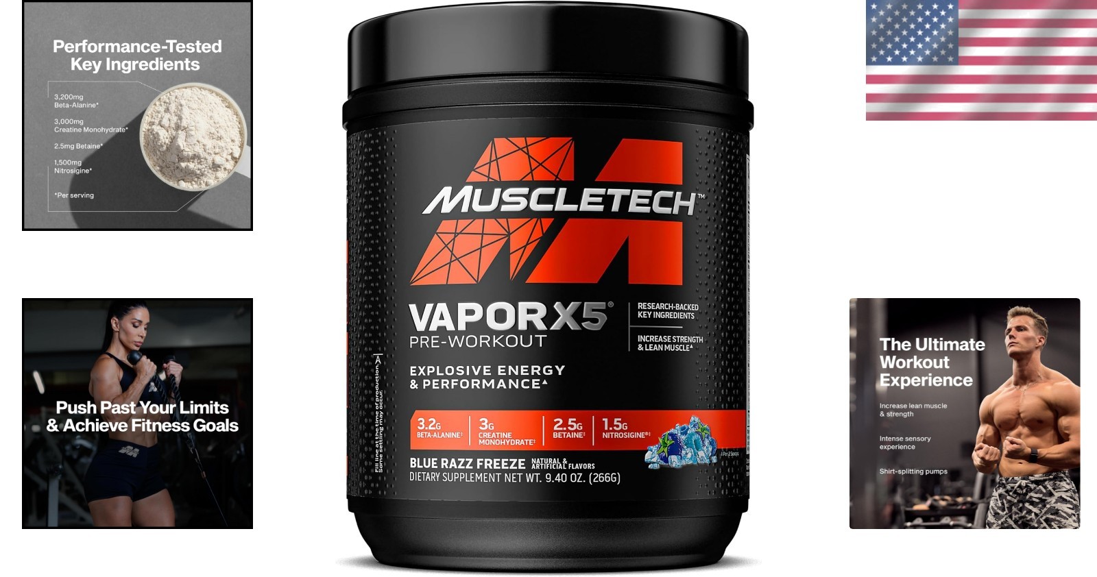 Vapor X5 Pre-Workout Powder – Blue Razz Freeze, 30 Servings of Intense Energy