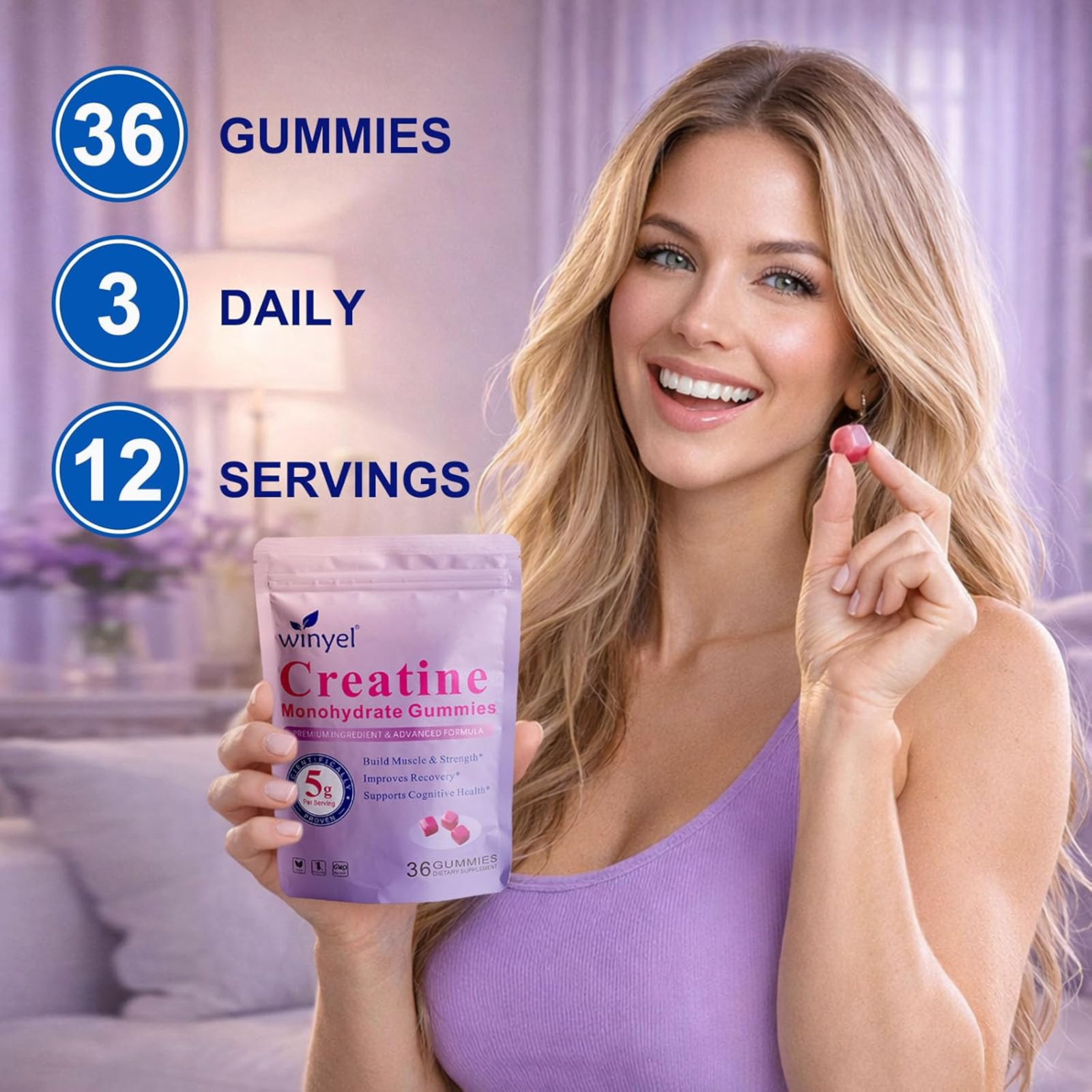 Creatine Monohydrate Gummies 5g 36 Ct Sugar Free Berry Flavor