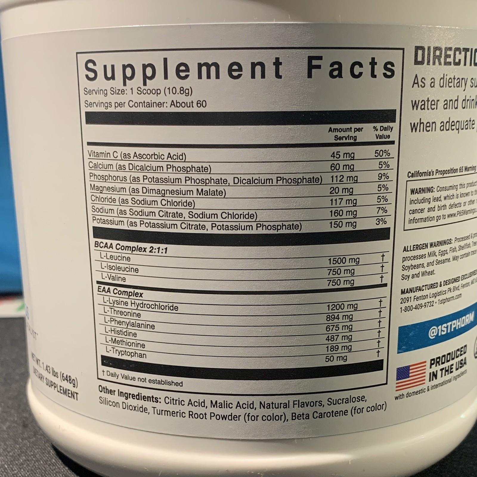 1st Phorm EAA Essential Amino Acids Powder Tropical Mango Gluten-Free 1.43lb