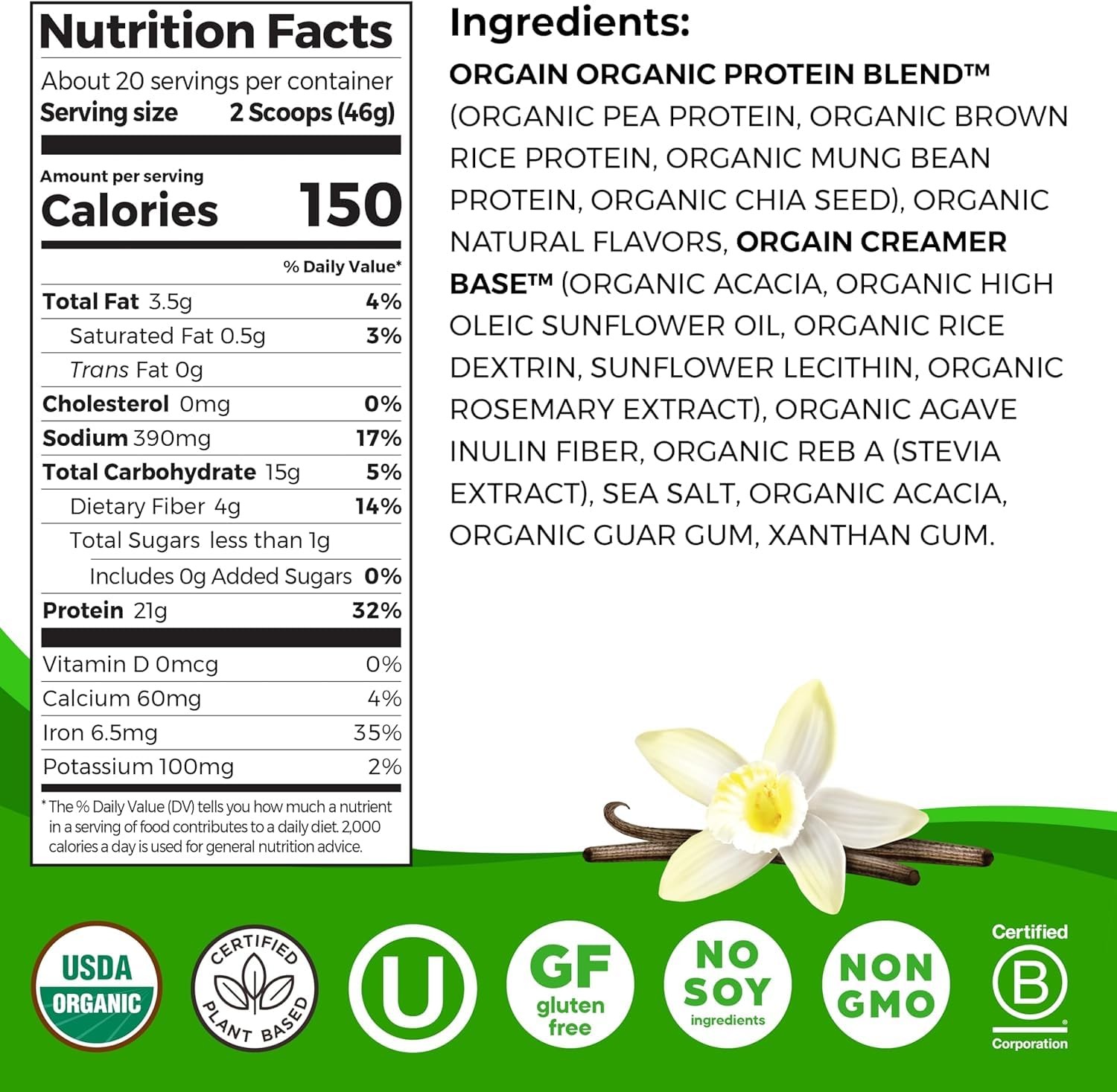 Orgain Organic Vegan Protein Powder, Vanilla Bean + Chocolate Fudge – 21g Plant