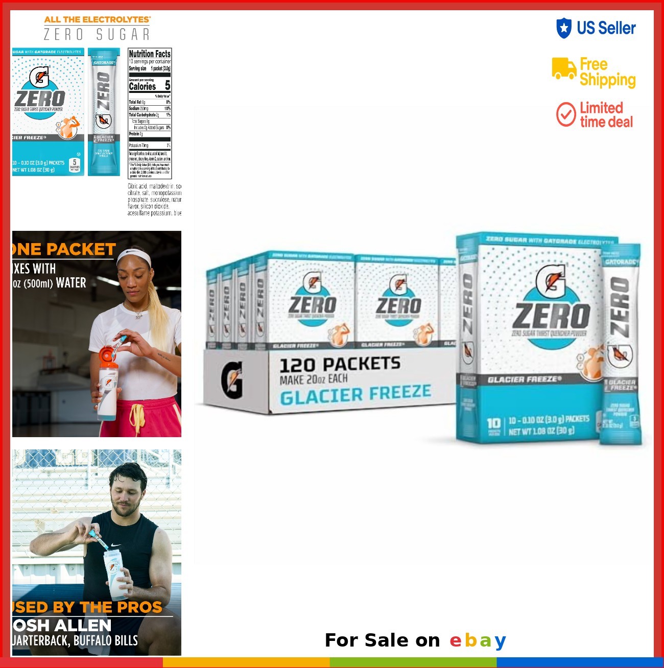 G Zero Sports Drink Powder Glacier Freeze 120 Sticks Hydration Mix Pack