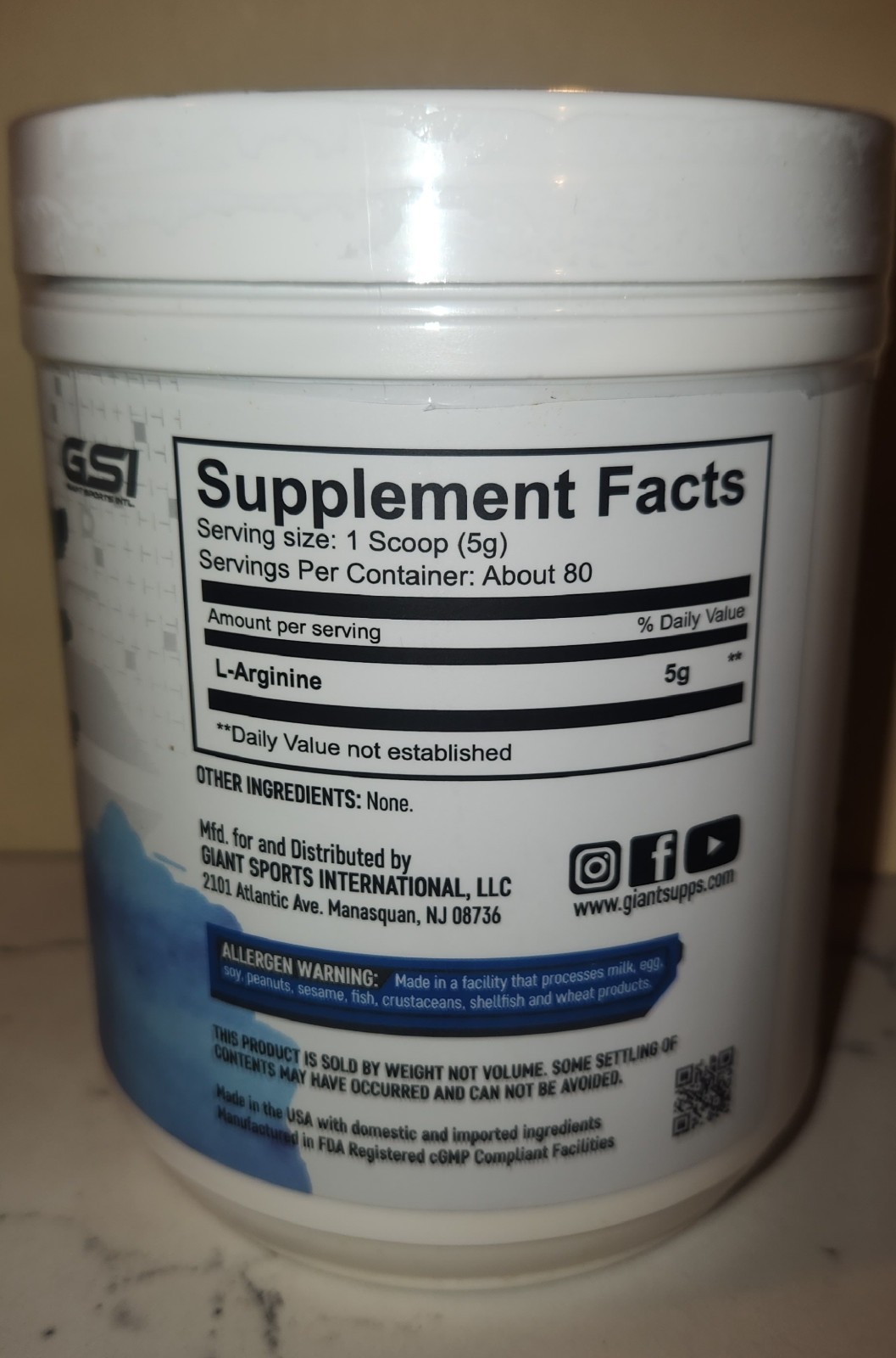 GSI Giant ARGININE Amino Acid Unflavored 80 Servings Dietary Supplement exp 5/26