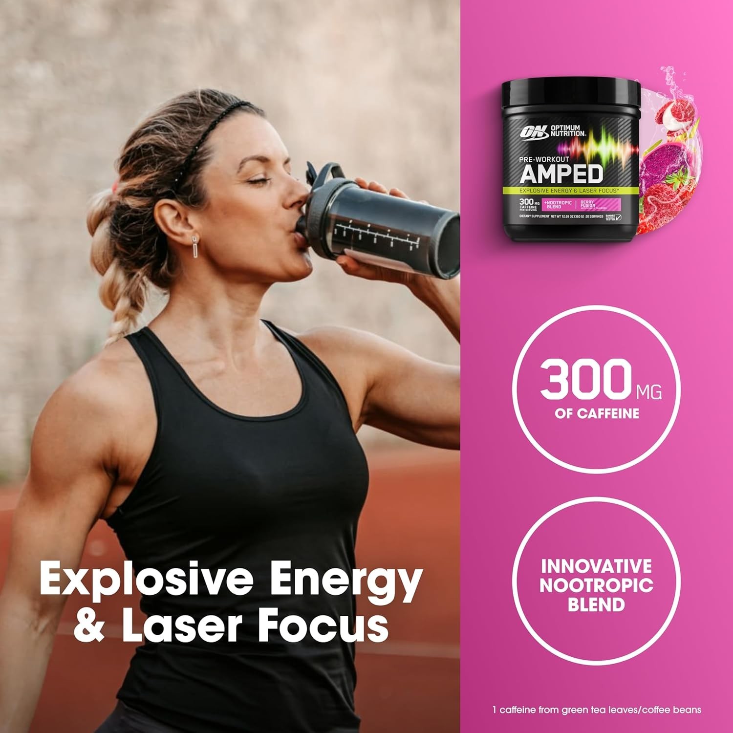 Amped Pre-Workout Powder – Berry Fusion, 20 Servings with Citrulline & Caffeine