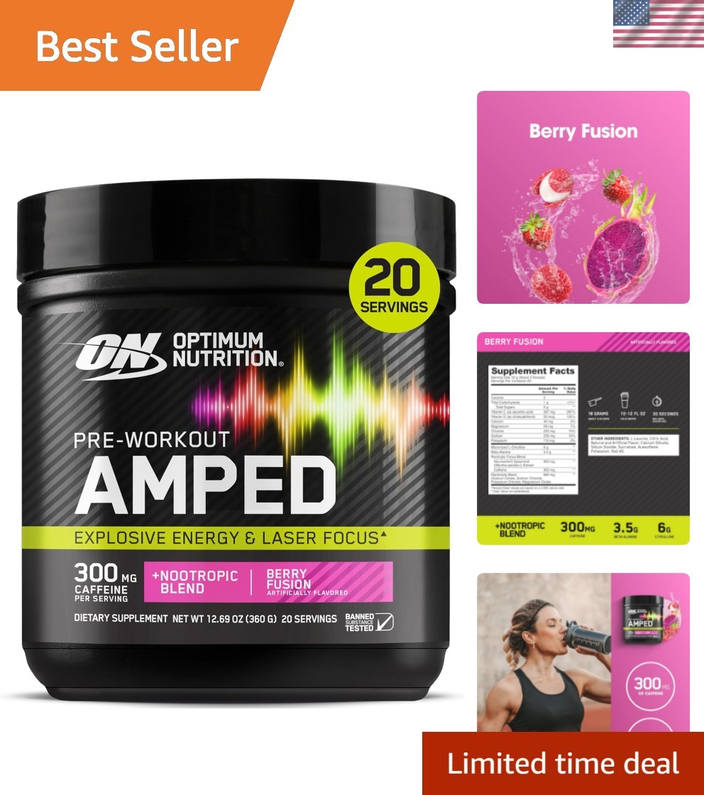 Amped Pre-Workout Powder – Berry Fusion, 20 Servings with Citrulline & Caffeine