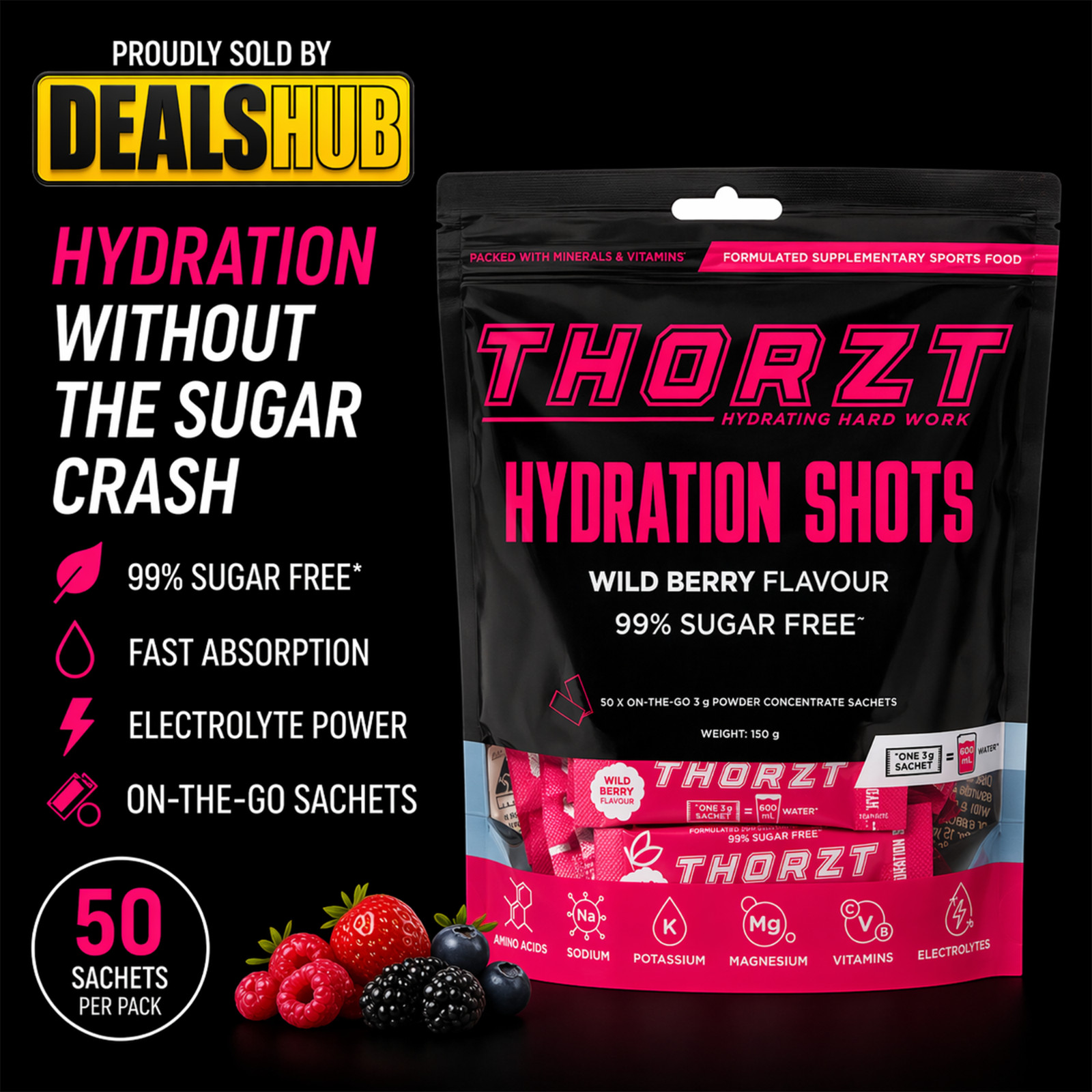 THORZT SSSFWB – 50 x 3gm Sachets Wild Berry Flavour Sugar Free Solo Shots