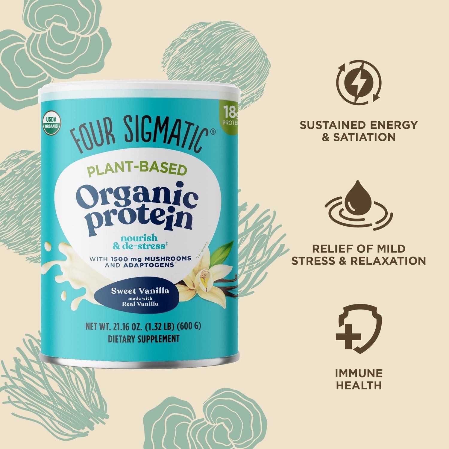 Four Sigmatic Plant-Based Organic Protein Powder Sweet Vanilla 21.16 oz 600g