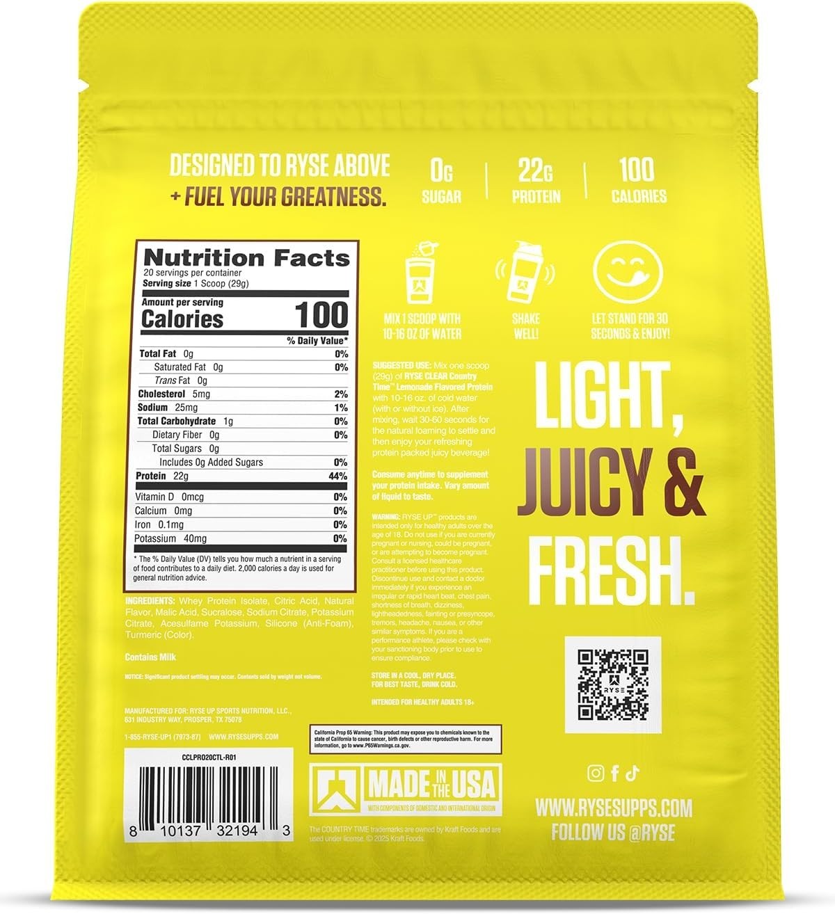 Ryse Clear Whey Isolate Protein Powder – Country Time Lemonade – 22g Fast-Digest