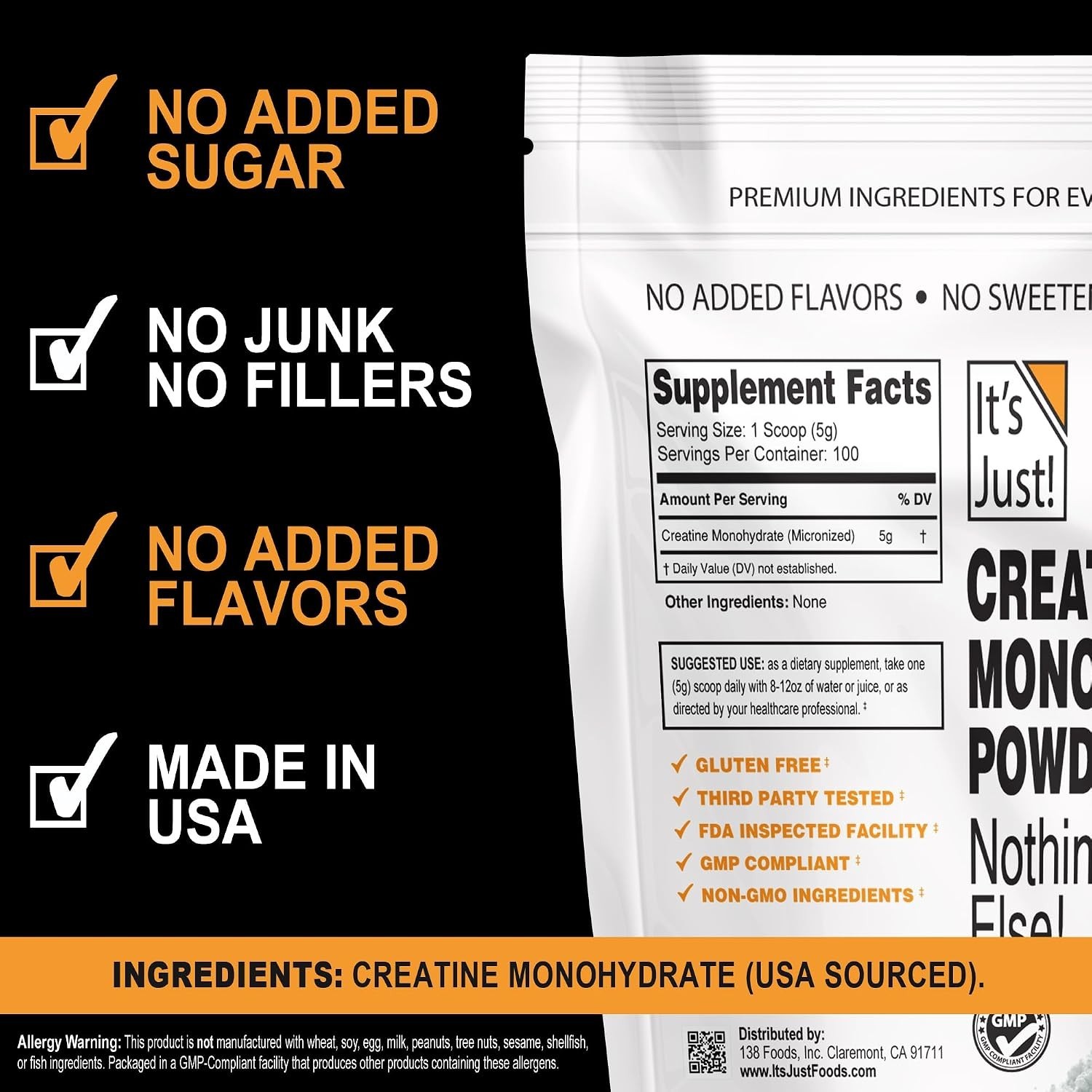 Creatine Monohydrate Powder 500g 100 Servings Pure Unflavored Made in USA