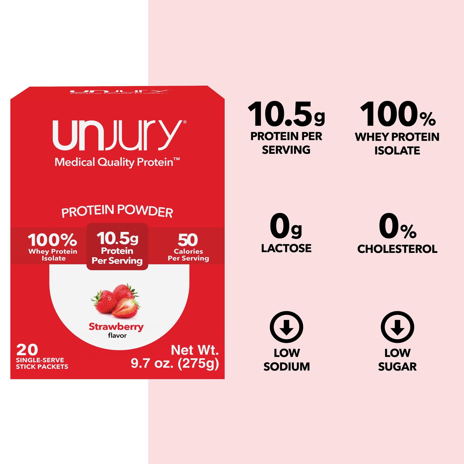 Unjury Whey Protein Powder Individual Stick Packs | Strawberry | 10.5g 100% W…