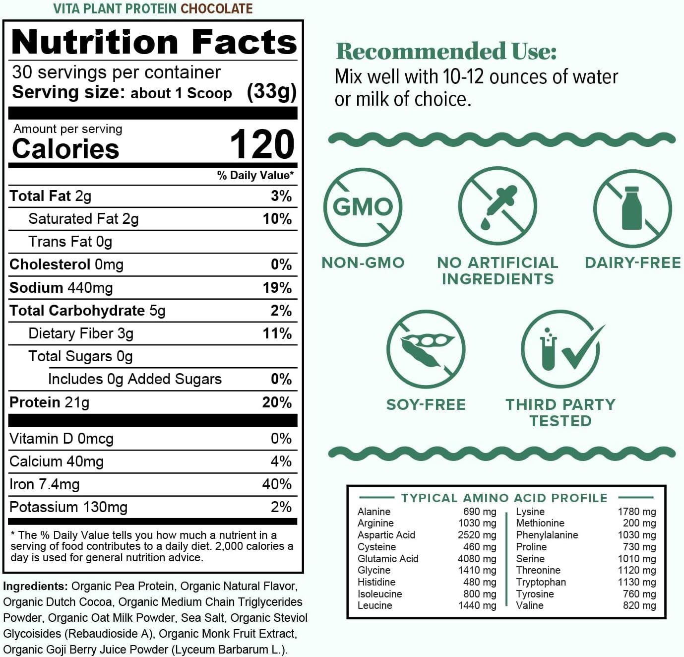 Organic Vita Plant Based Protein ~ Complete Vegan Protein Powder with BCAAs