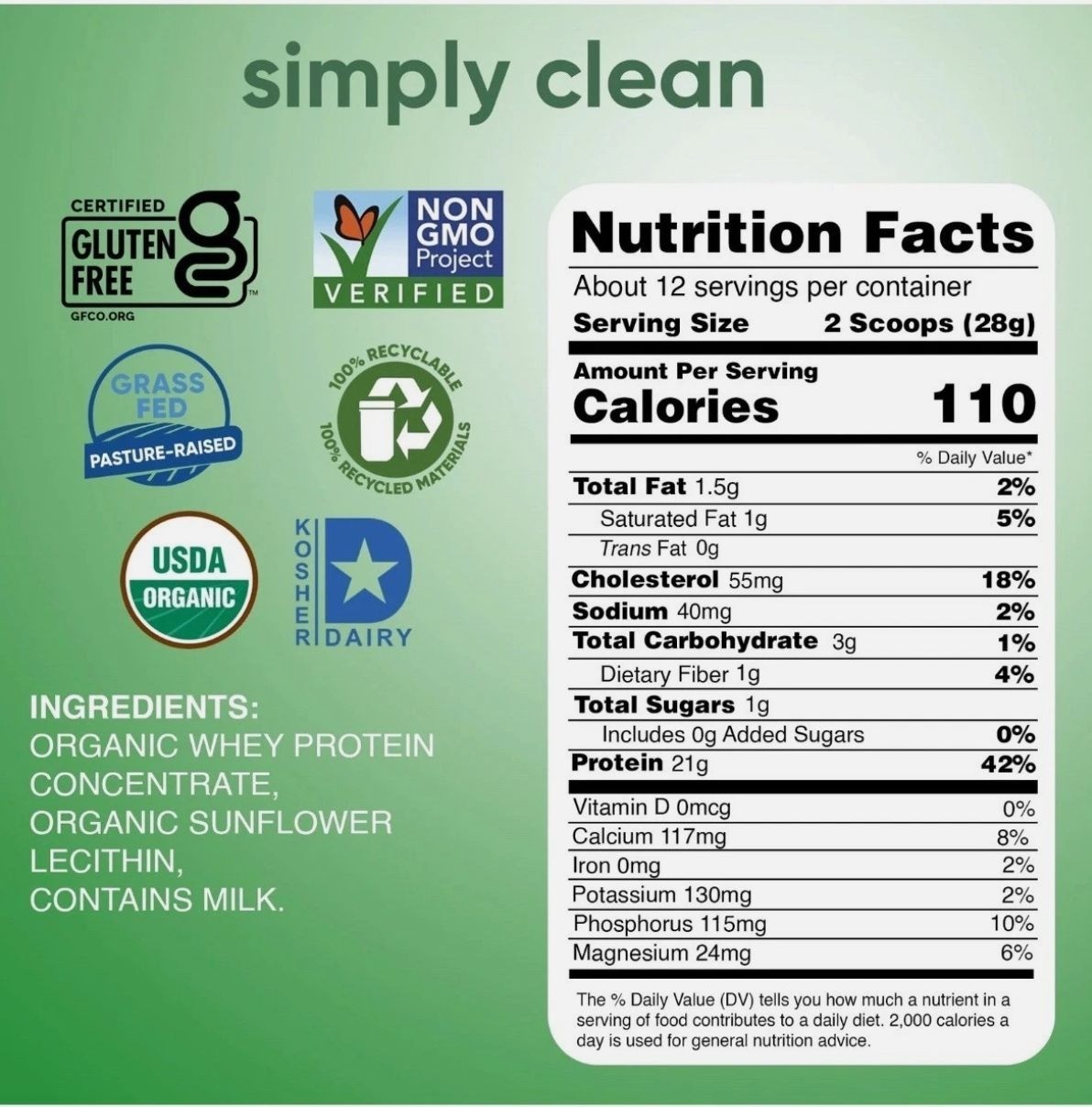 Simply Tera’s Organic Whey Protein Powder Plain Unsweetened 12oz/12 Servings