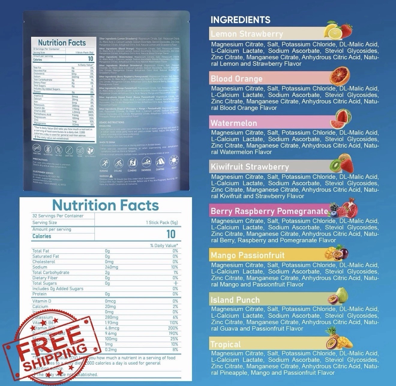 MEISBEY Electrolytes Powder Sport Hydration 32 Pack Assorted Flavors