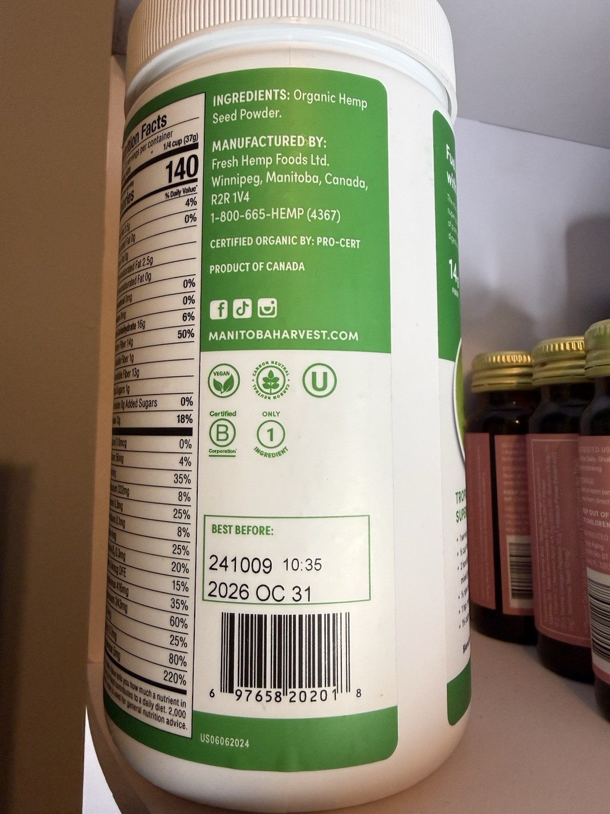 Manitoba Harvest Organic Max Fiber Hemp Protein Powder Unsweetened Vegan 454g