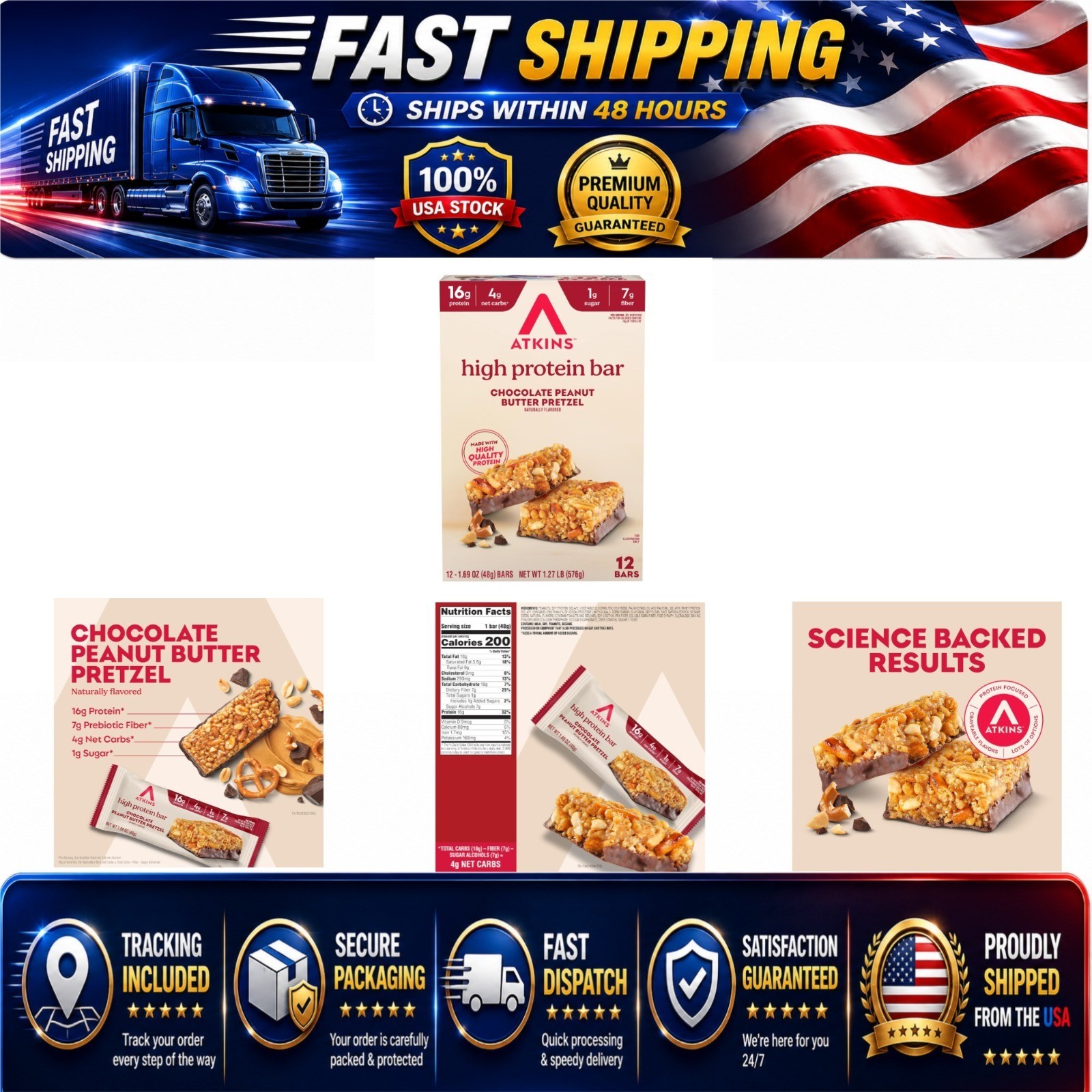 Atkins Chocolate Peanut Butter Pretzel Protein Bar – 16g Protein, Keto Friendly