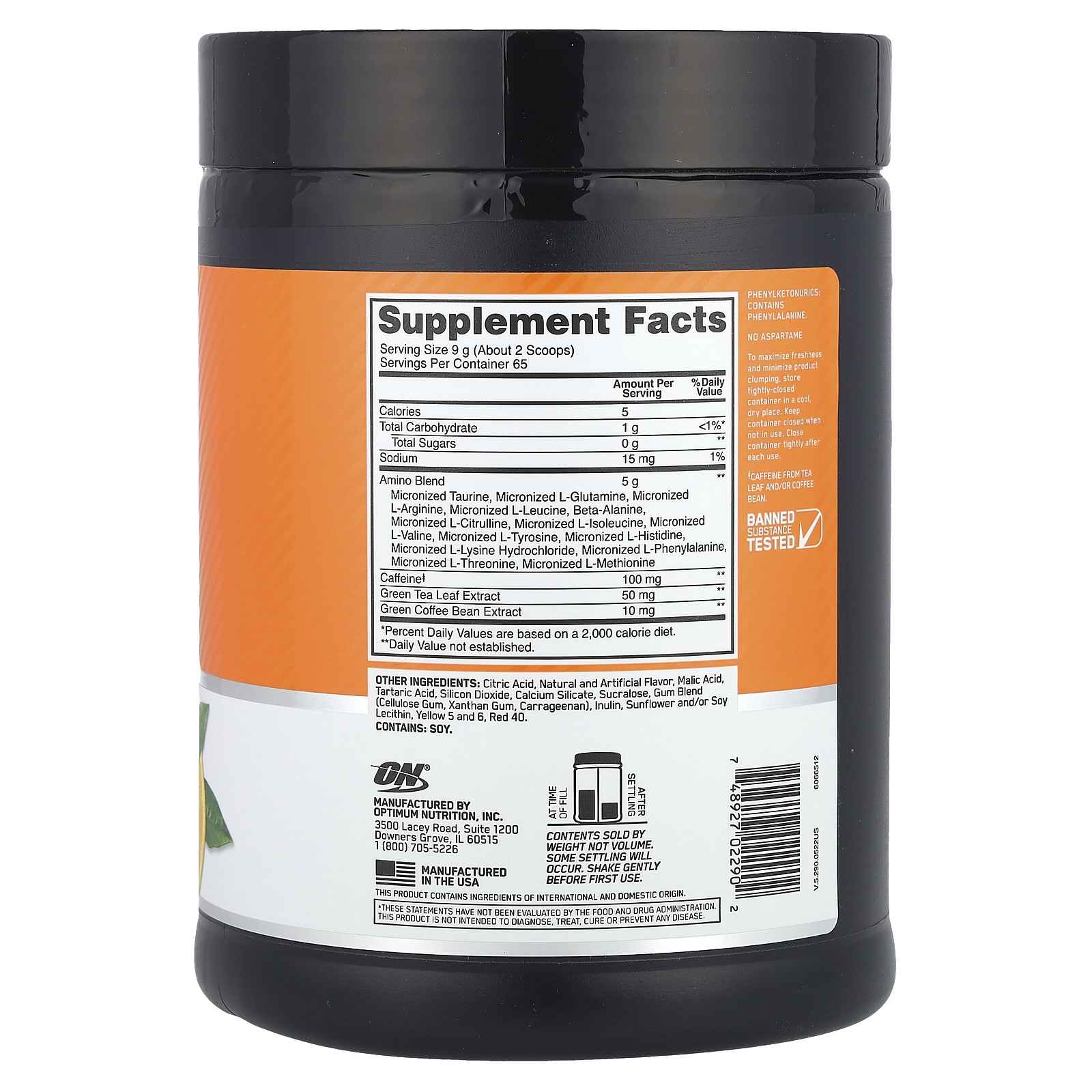 Optimum Nutrition, Essential Amino Energy, Orange Cooler, 1.29 lbs, (585 g)