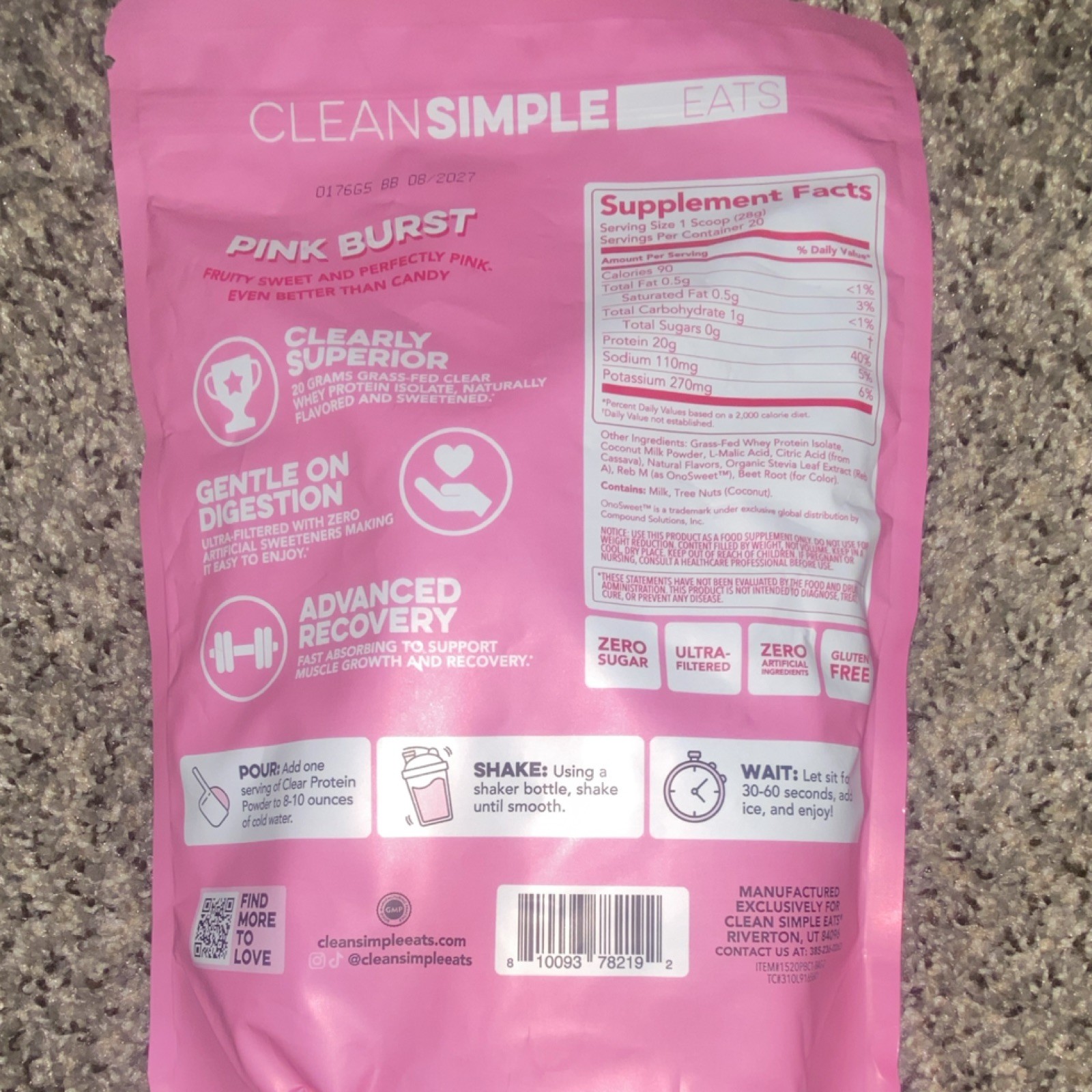 Clean Simple Eats Clear Protein Powder Whey Isolate Pink Burst 20 Serv 19.8oz