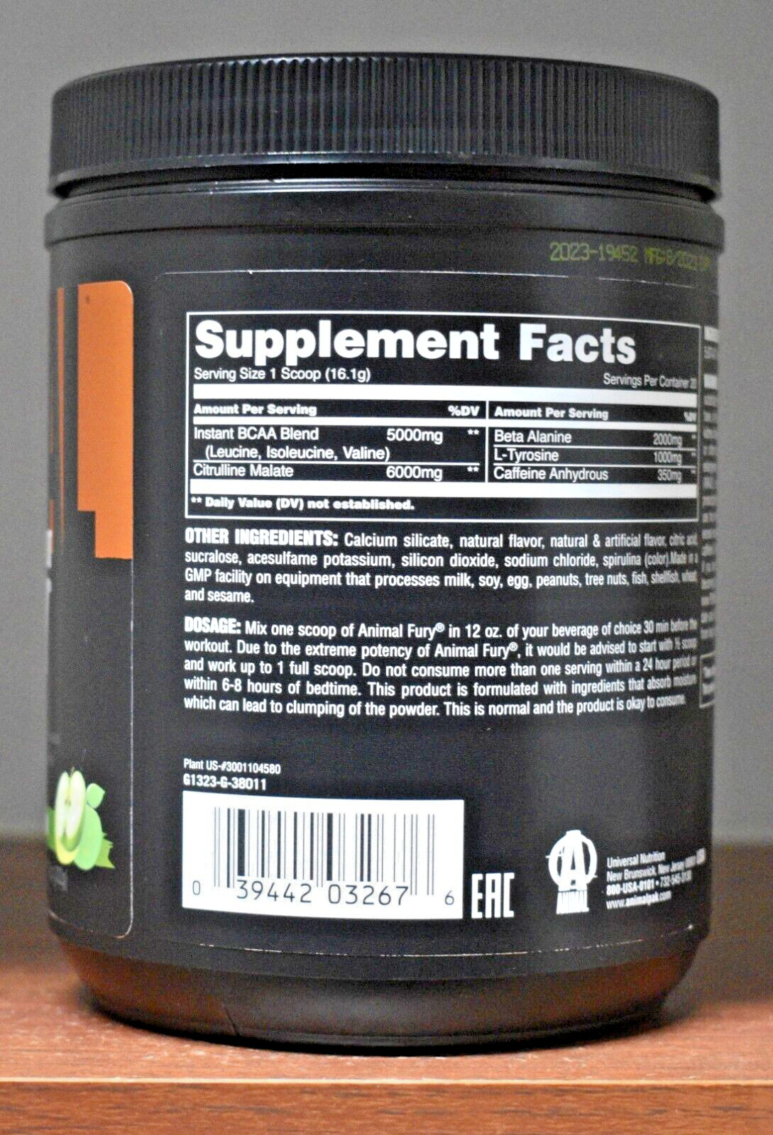 Animal Fury Green Apple 20 Servings Pre-Workout Stack 11.3oz Universal Nutrition