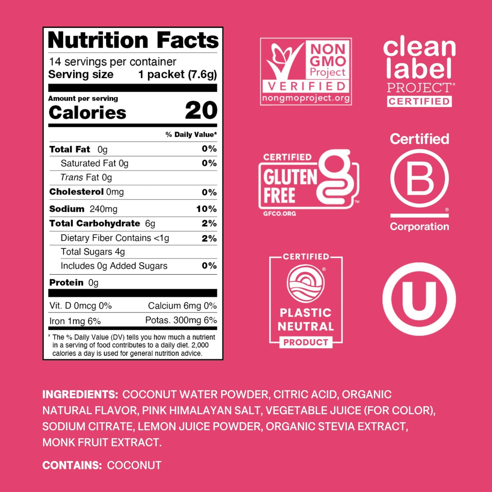 Electrolyte Drink Powder Tropical Punch – 14 Packets, Plant-Based, Vegan, No Sug