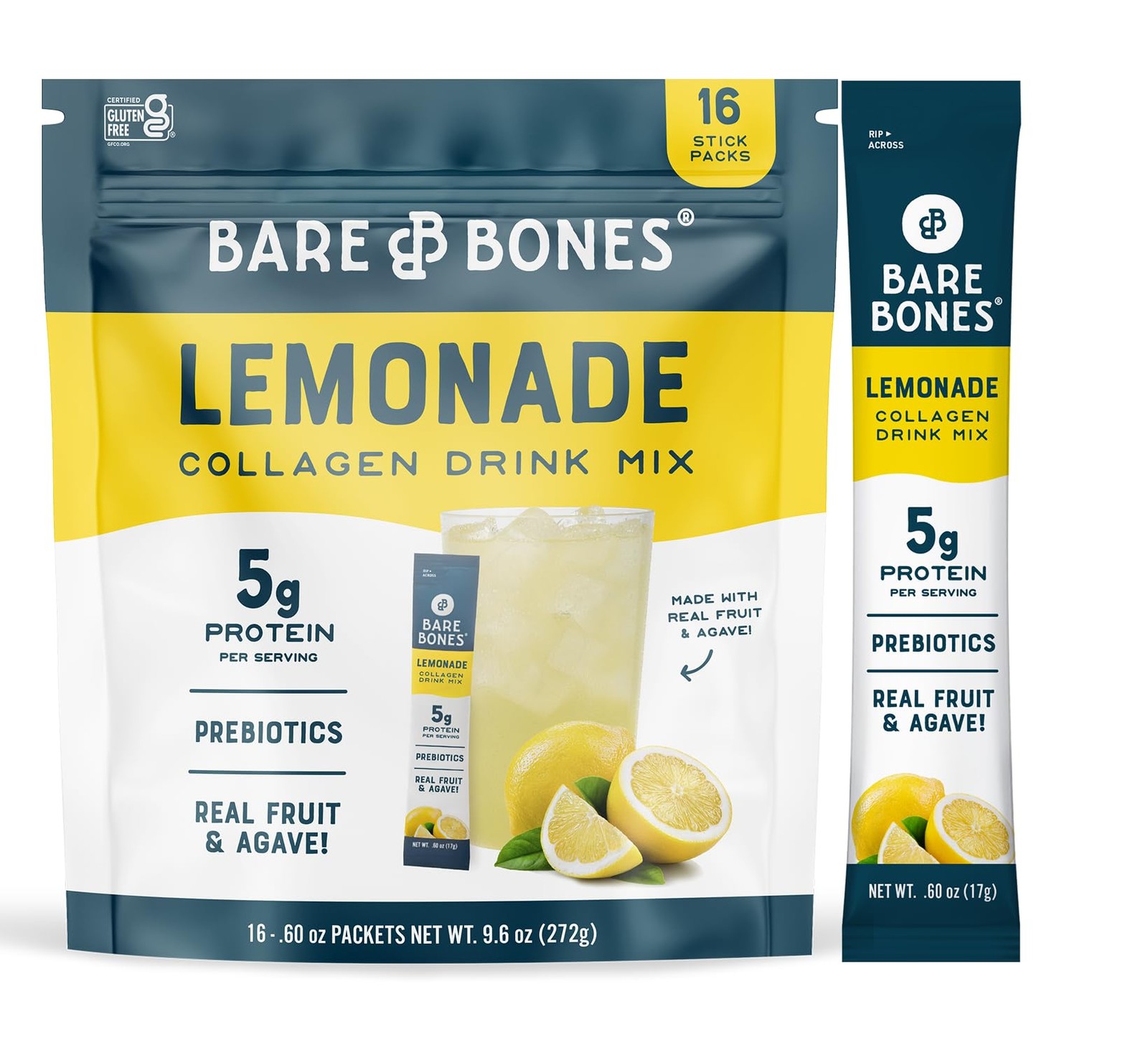 Bare Bones Lemonade Collagen Peptides Powder Drink Mix Packets | 5g Protein