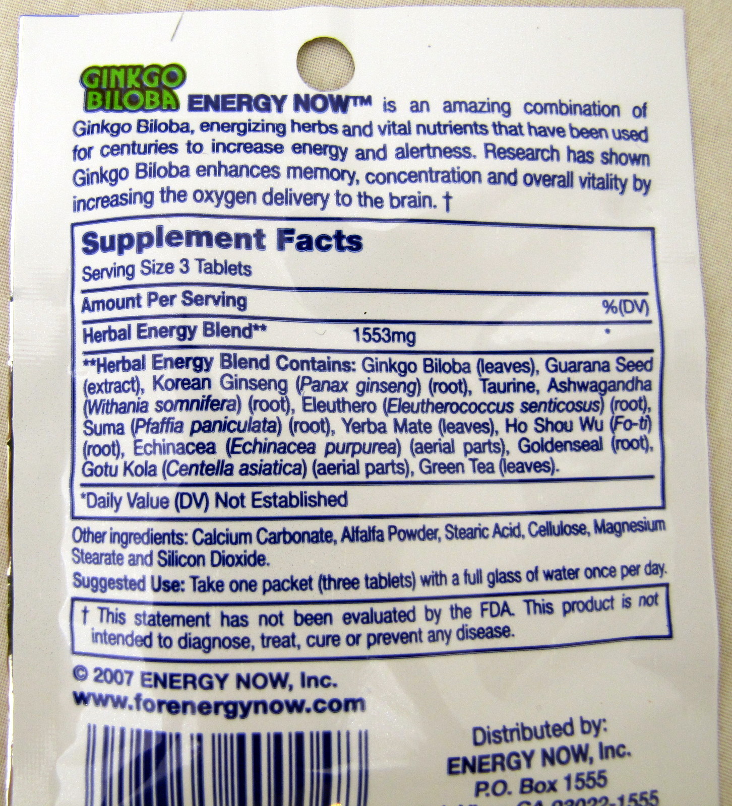 Ginkgo Biloba Energy Now Herbal Booster Supplements 24 packs 72 pills Memory