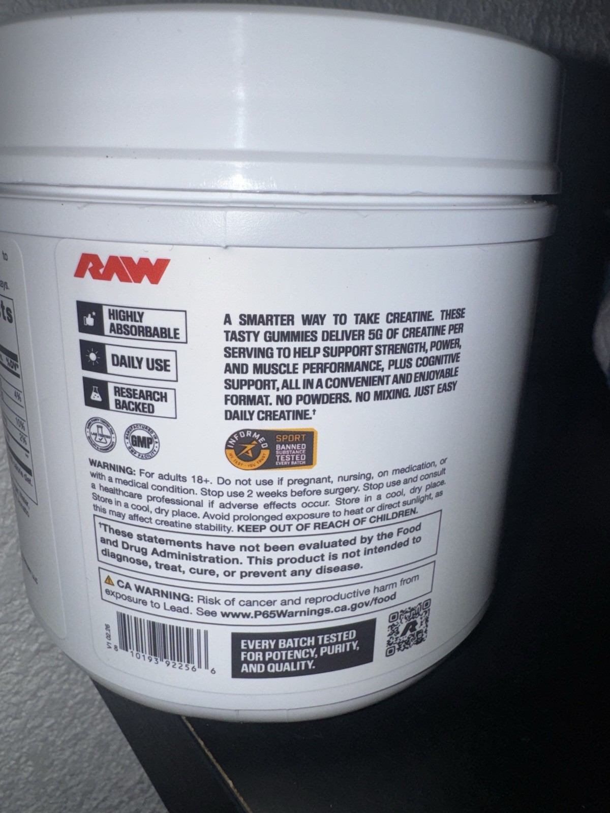 RAW Core Premium Creatine Gummies Tangerine 120ct 5g 30 Servings Pre/Post
