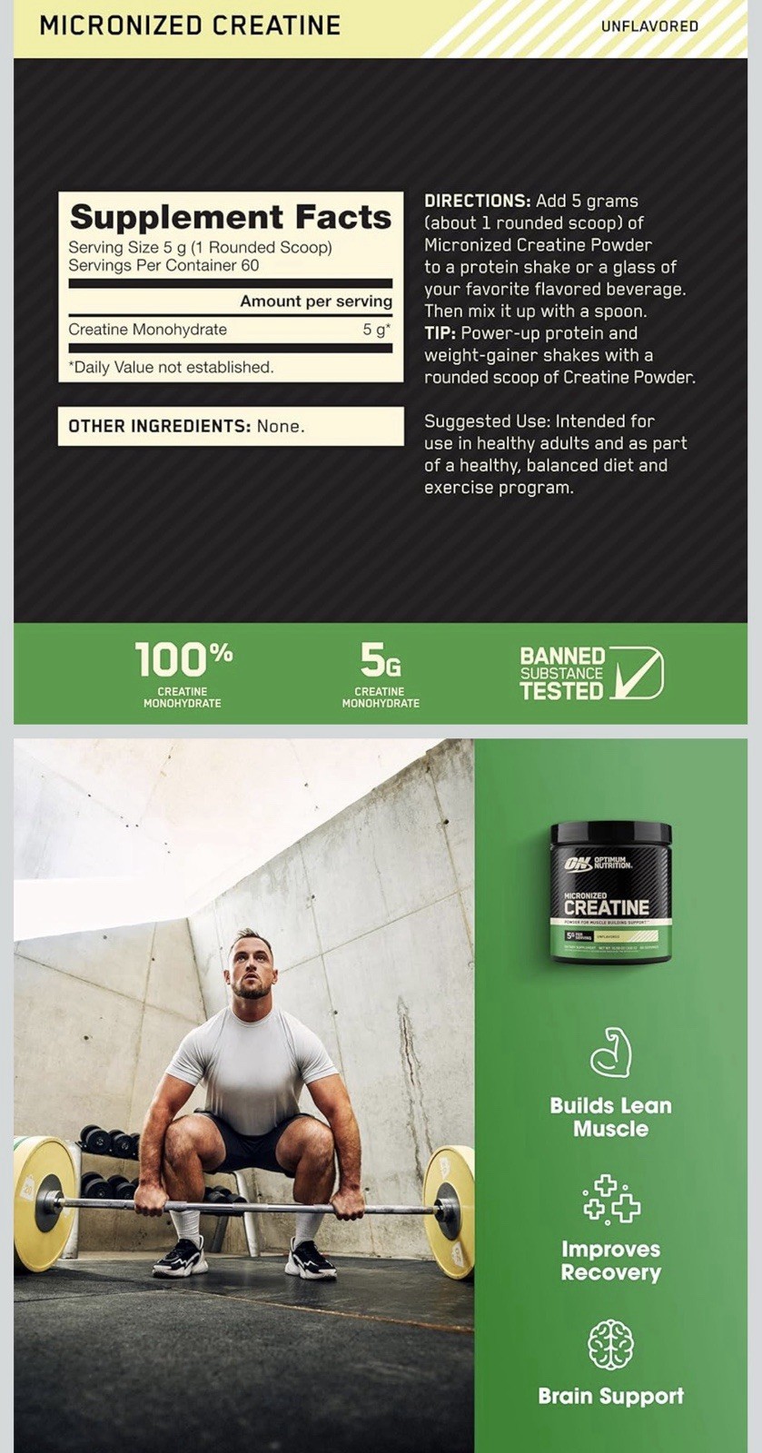 Optimum Nutrition Micronized Creatine Monohydrate Powder Unflavored 10.58 oz