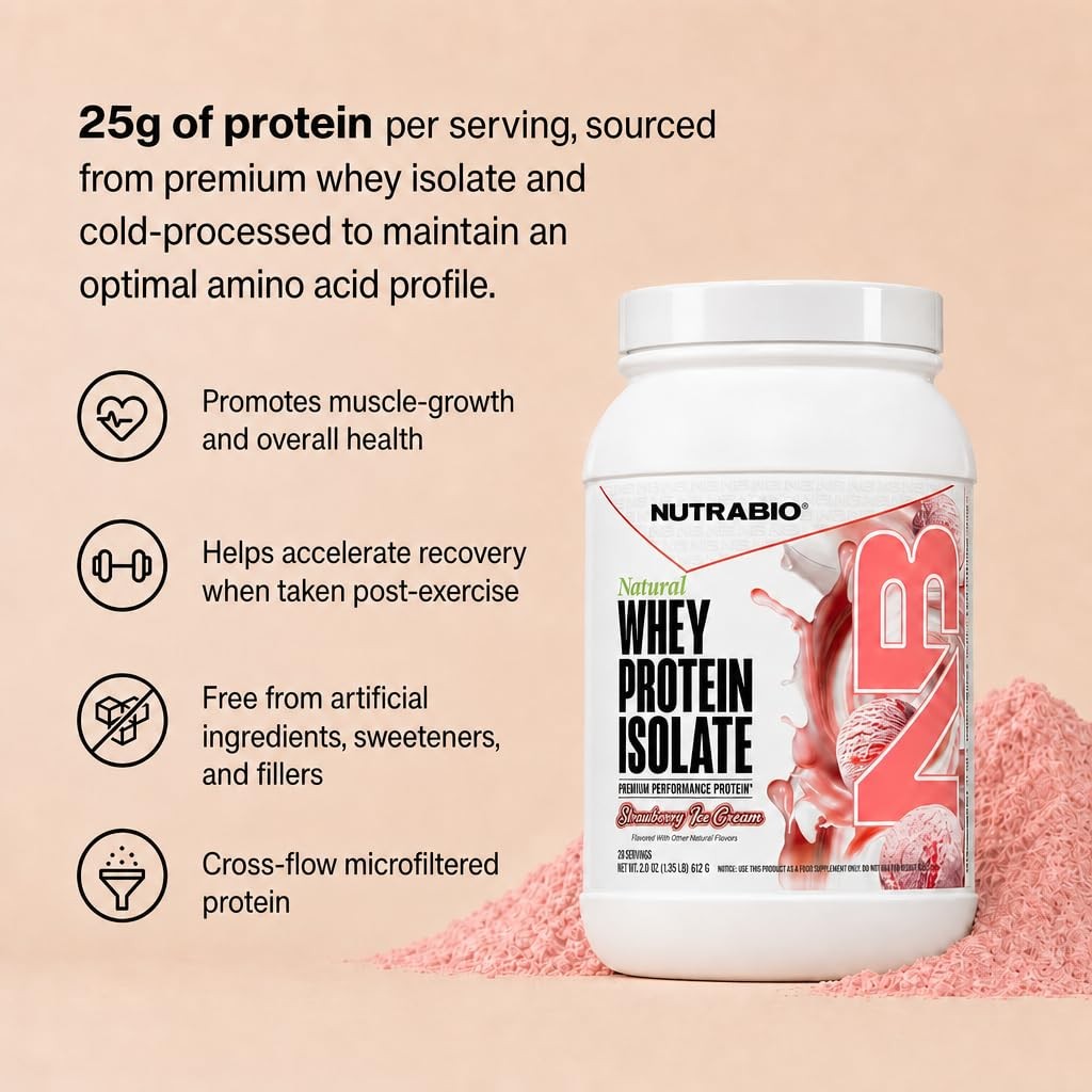 NutraBio 25g Natural Whey Protein Isolate Powder Complete Protein Supplement