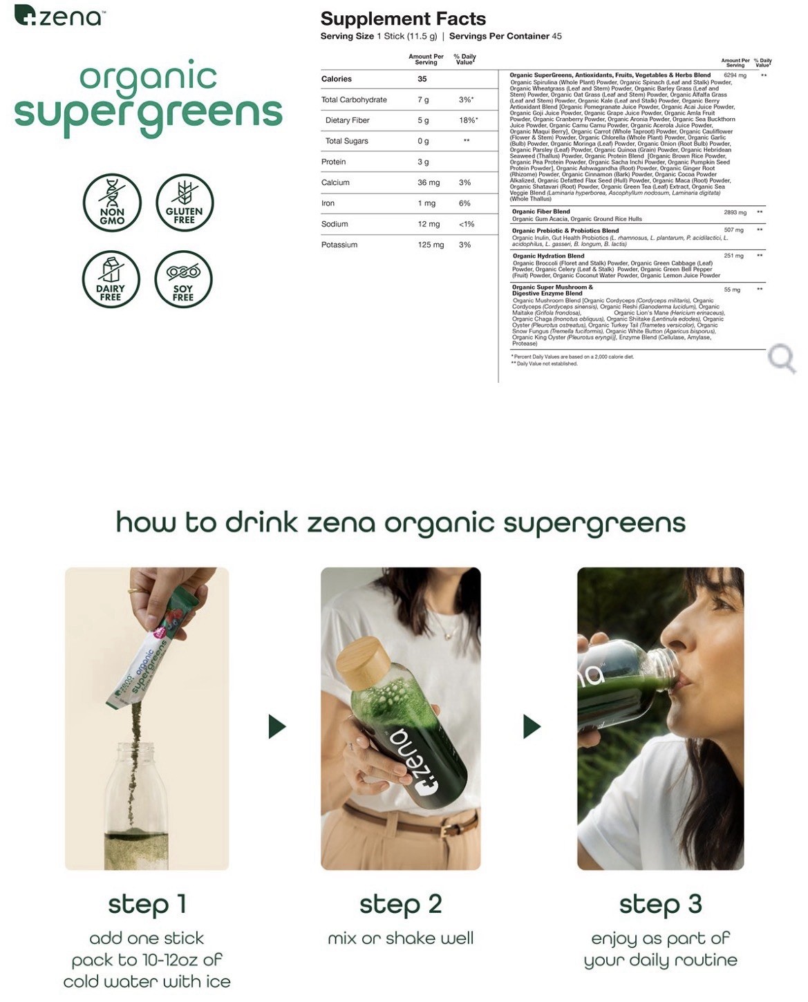 Zena USDA Organic Supergreens Fruits & Vegetables Powder, 45 Stick PACs EXP05/26
