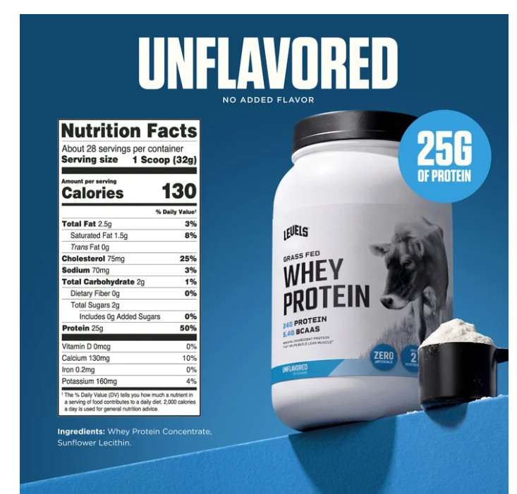 Levels Grass Fed Whey Protein Unflavored 2lb 25g Protein