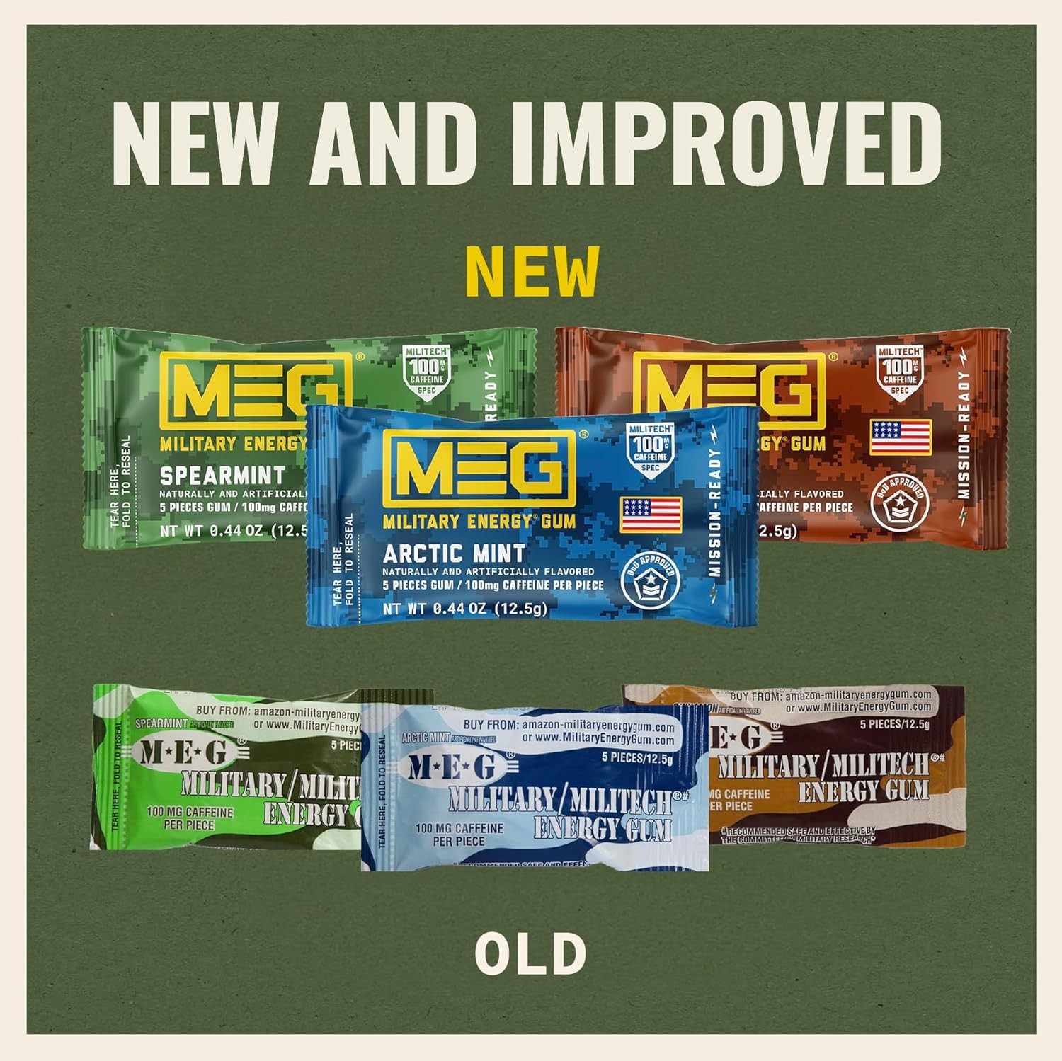 MEG Gum – Military Energy | 100mg of Caffeine Per Green, Red, Light Blue