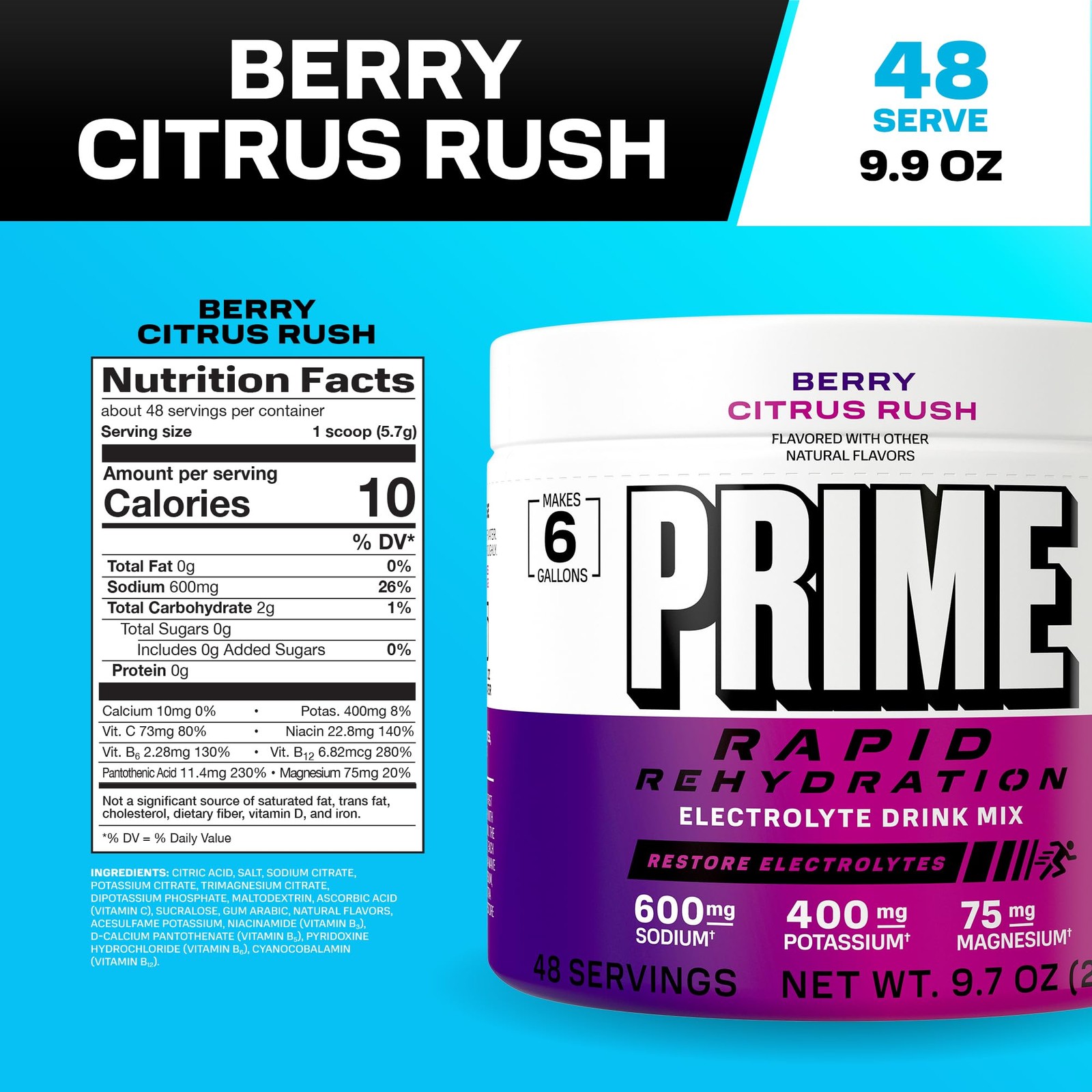 PRIME HYDRATION Berry Citrus Rush 6 gallon tub