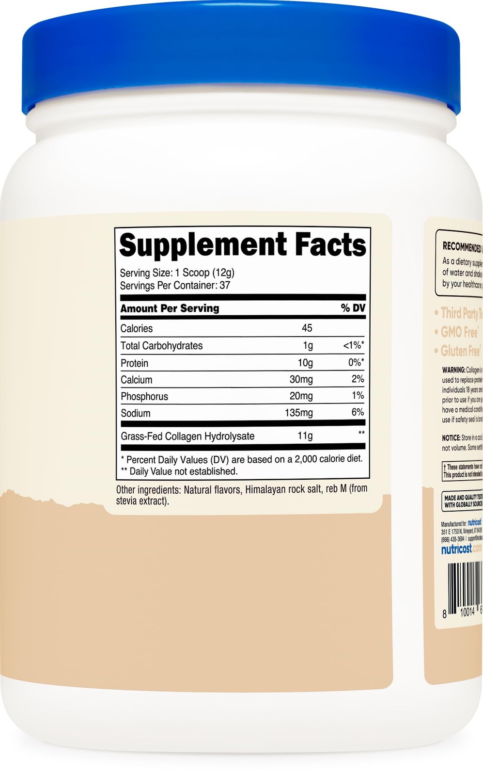 Nutricost Collagen Peptides Powder 1LB (454 G) 1 Pound (Pack of 1), White.