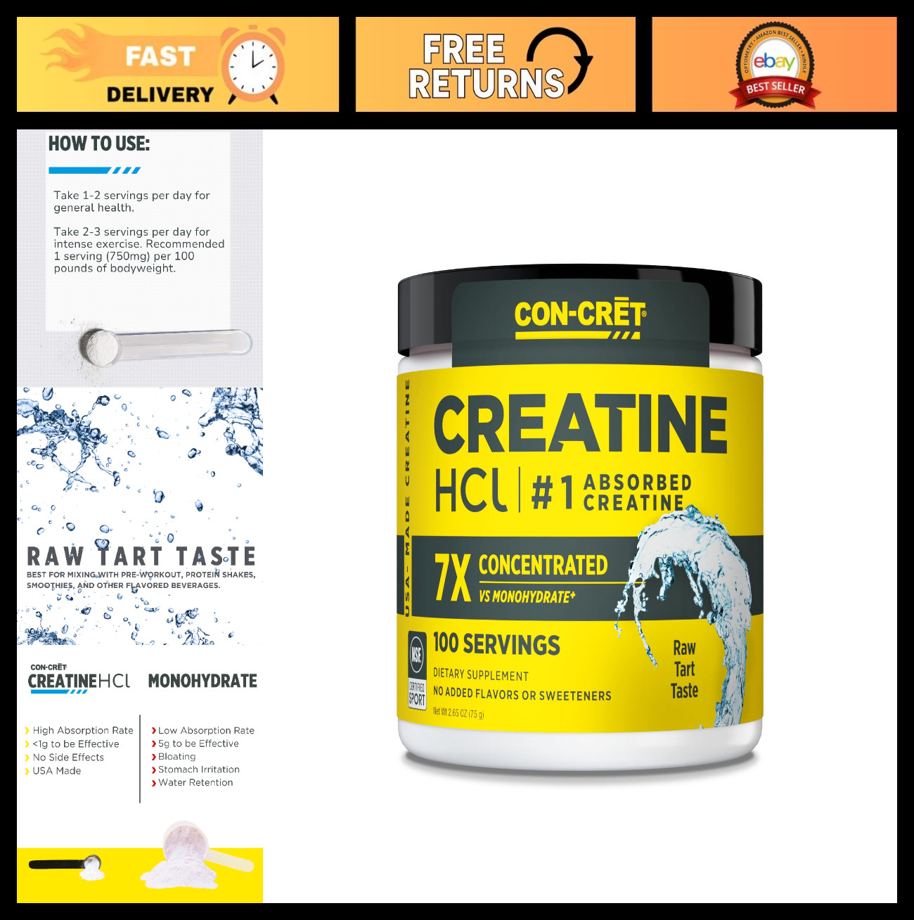Creatine HCl Powder for Muscle & Cognitive Energy | No Bloating, 100 Servings