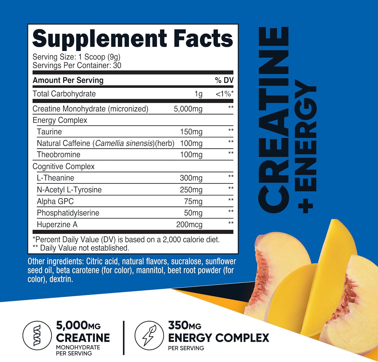 Creatine + Energy 30 Servings (Peach Mango Flavored) – 5,000Mg Creatine Monohydr