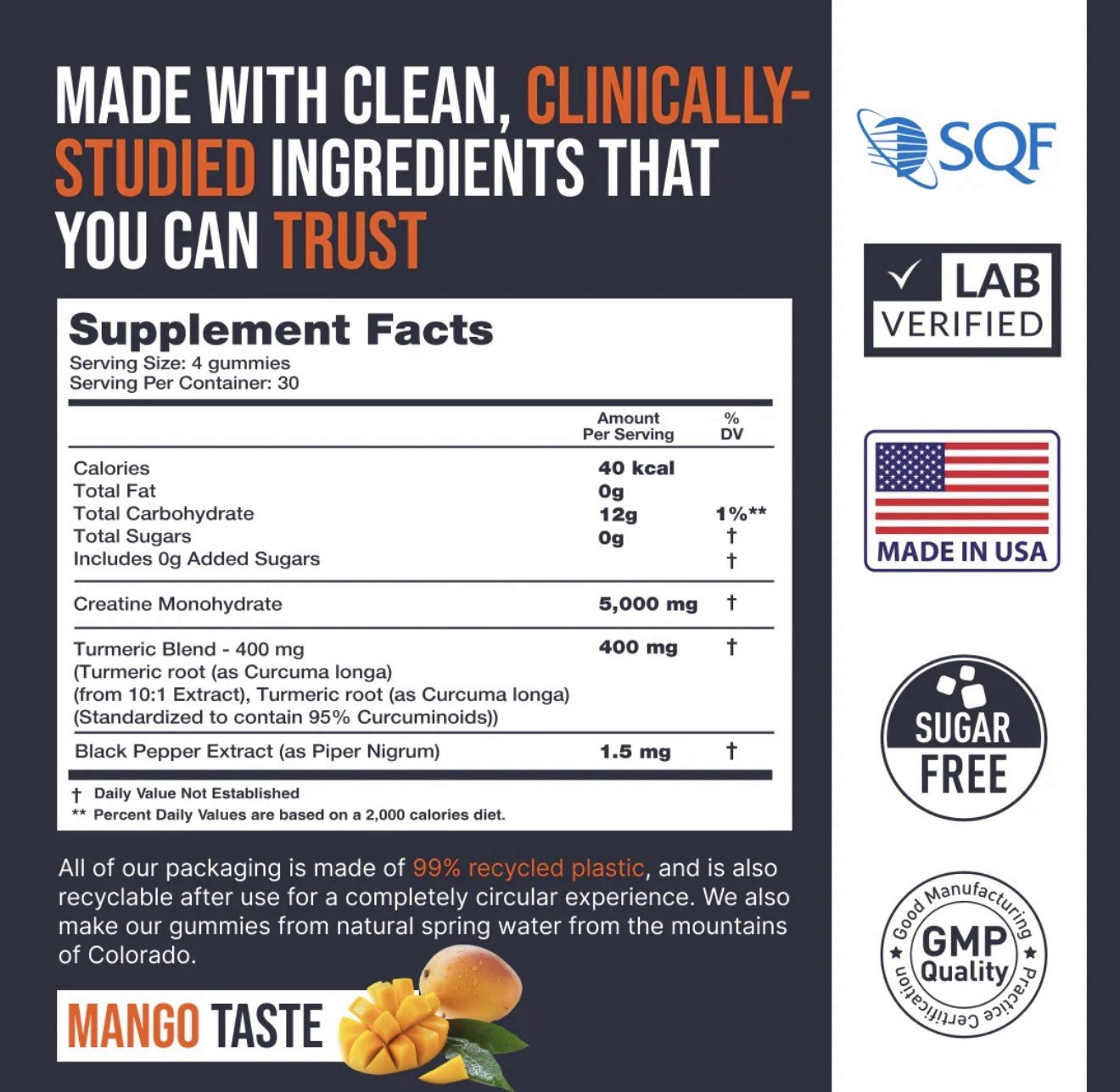 EcoWise CREATINE MONOHYDRATE GUMMY’S, 5000 MG 120 Gummy’s Mango Flavor