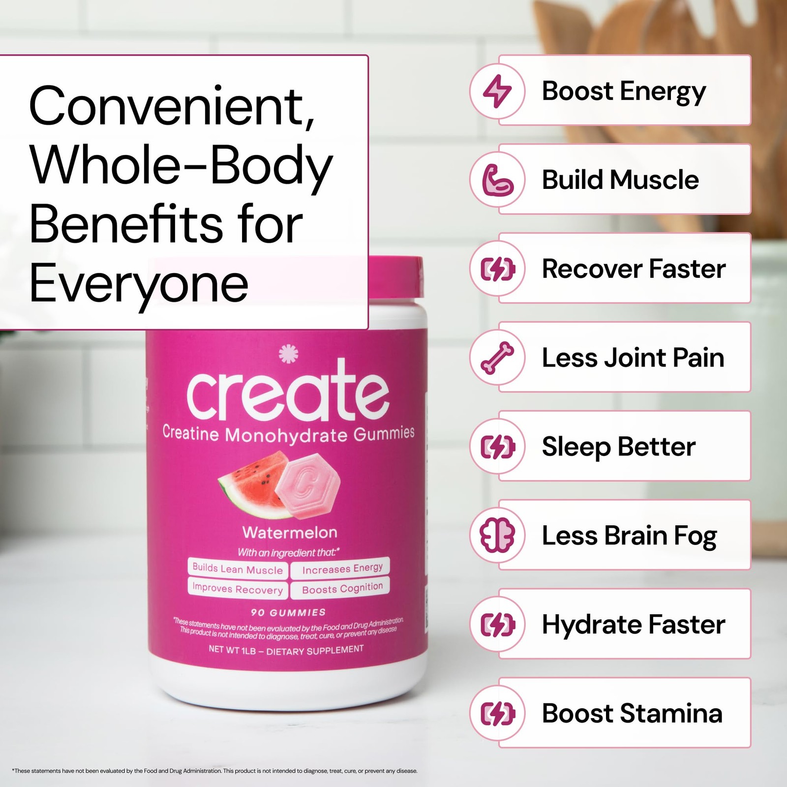 Create Creatine Gummies 90ct 1.5g Vegan Gluten-Free Focus Strength Endurance