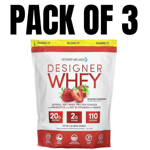 Designer Whey Natural 100% Whey Protein – Strawberry – 2 lbs Each (Pack of 3)