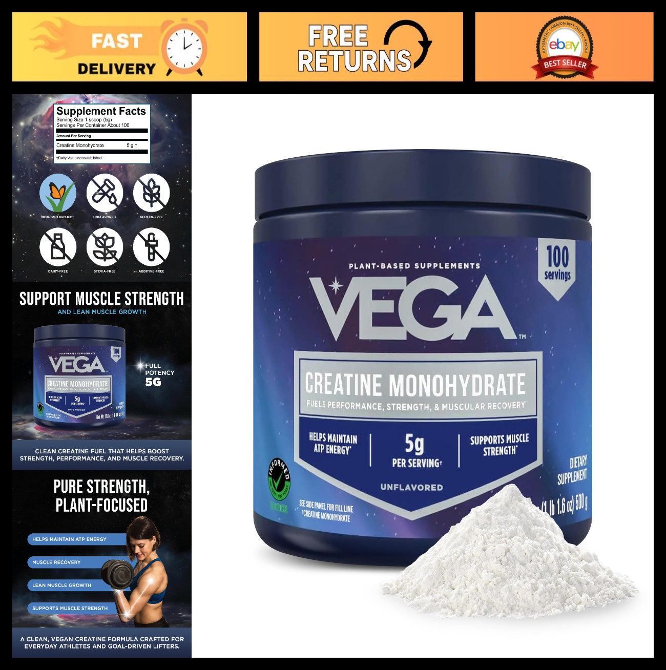 Micronized Creatine Monohydrate Powder, Unflavored – 5g Vegan Creatine for Stren