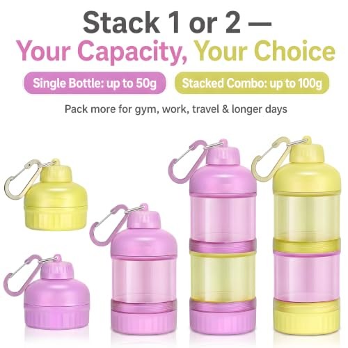 2 Pack Protein Powder Container to Go with Keychain & Keyring, Pink&Yellow