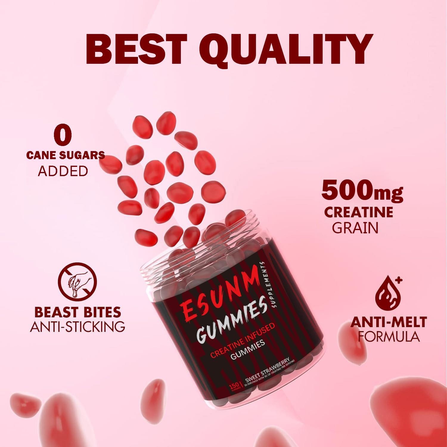 ESUNM Creatine Monohydrate Gummies Strawberry 150 Servings Muscle Support