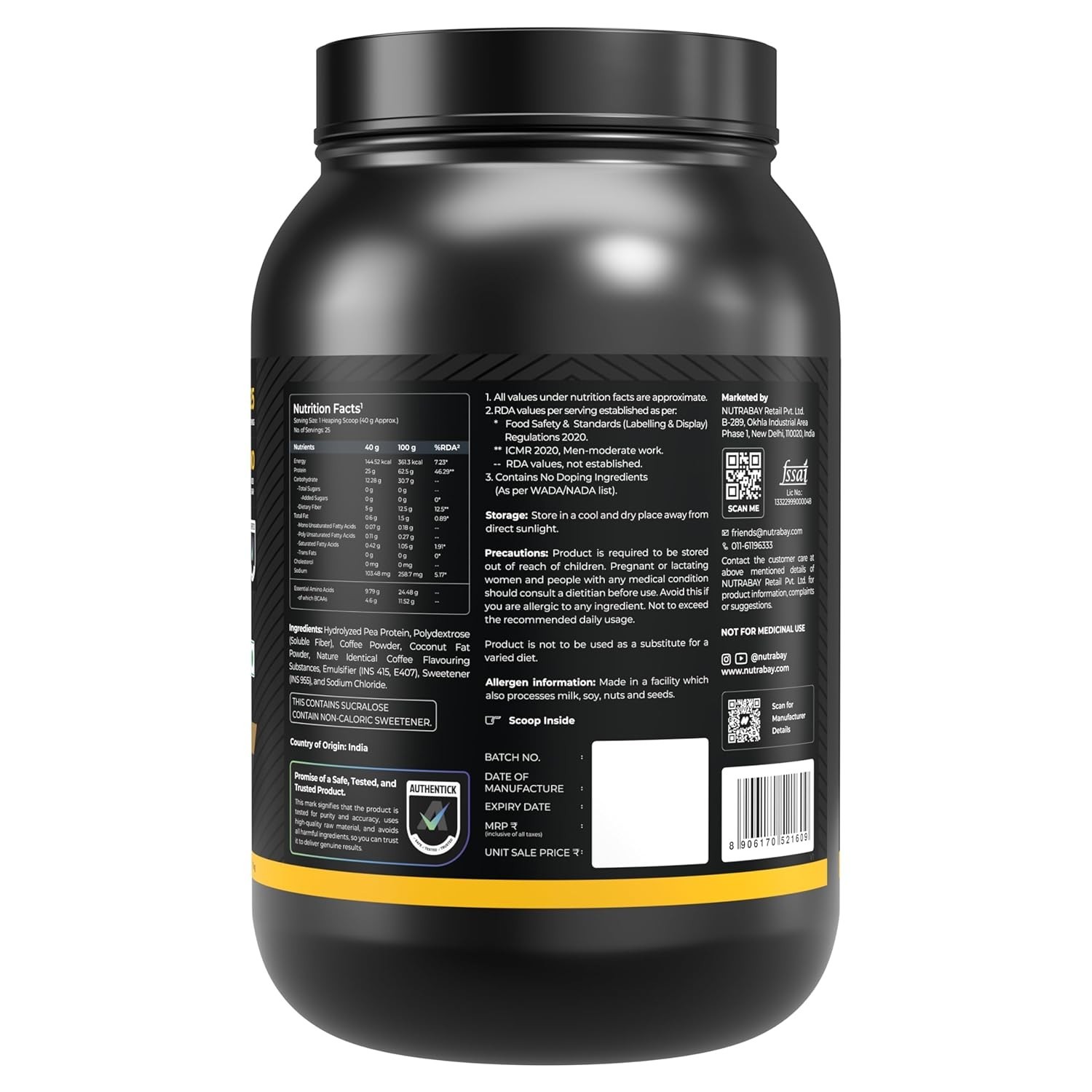 Pea Protein Powder 25g Protein , 4.6g BCAA, 5g Fiber | Cold Coffee , 25 Servings