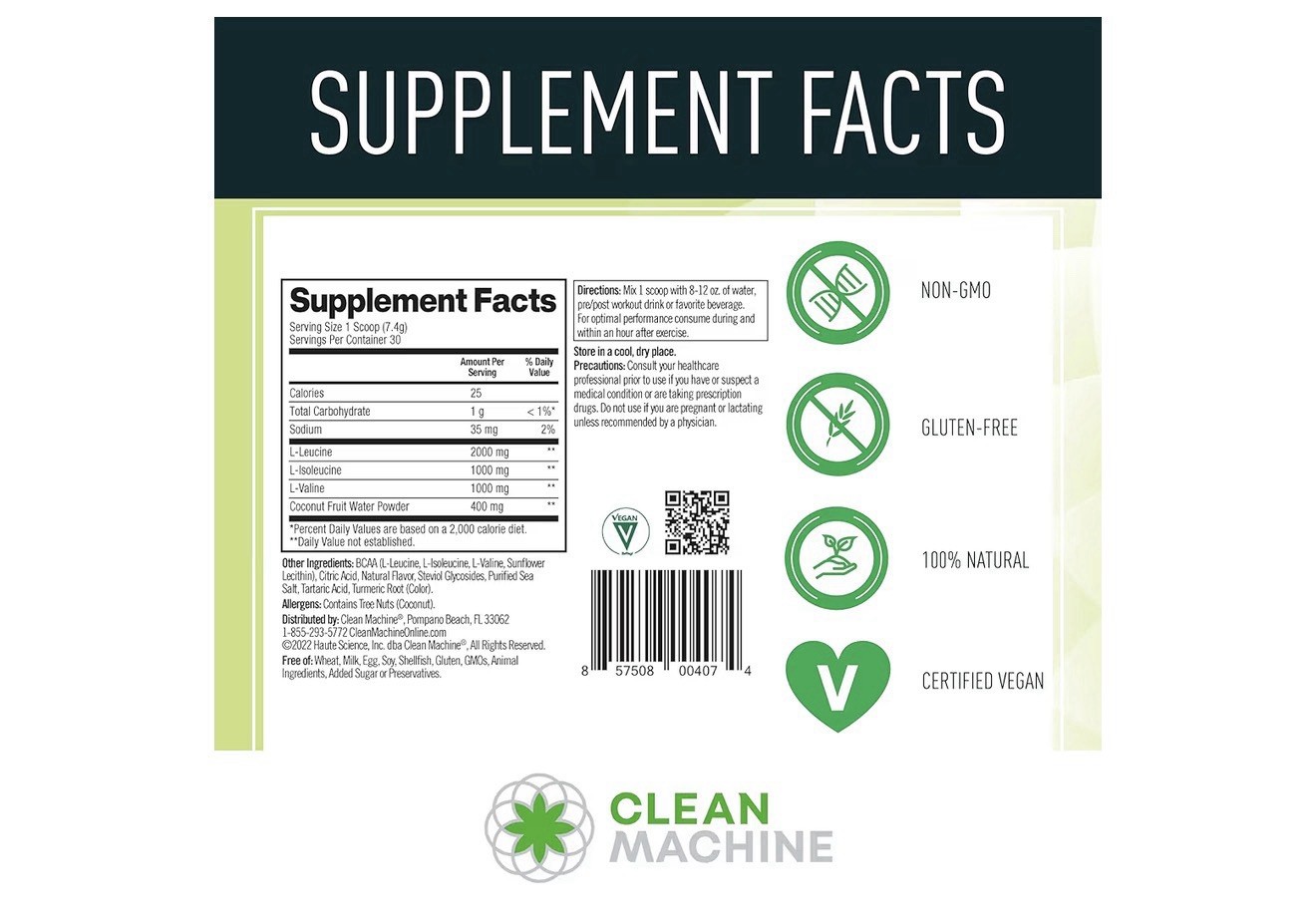 Clean BCAA 2:1:1 Food Sourced BCAAs Powder & Coconut Water Electrolytes Recovery
