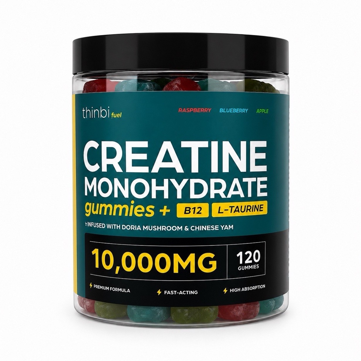 thinbi fuel Creatine Gummies B12 L-Taurine 10,000mg 120ct Raspberry/Blueberry