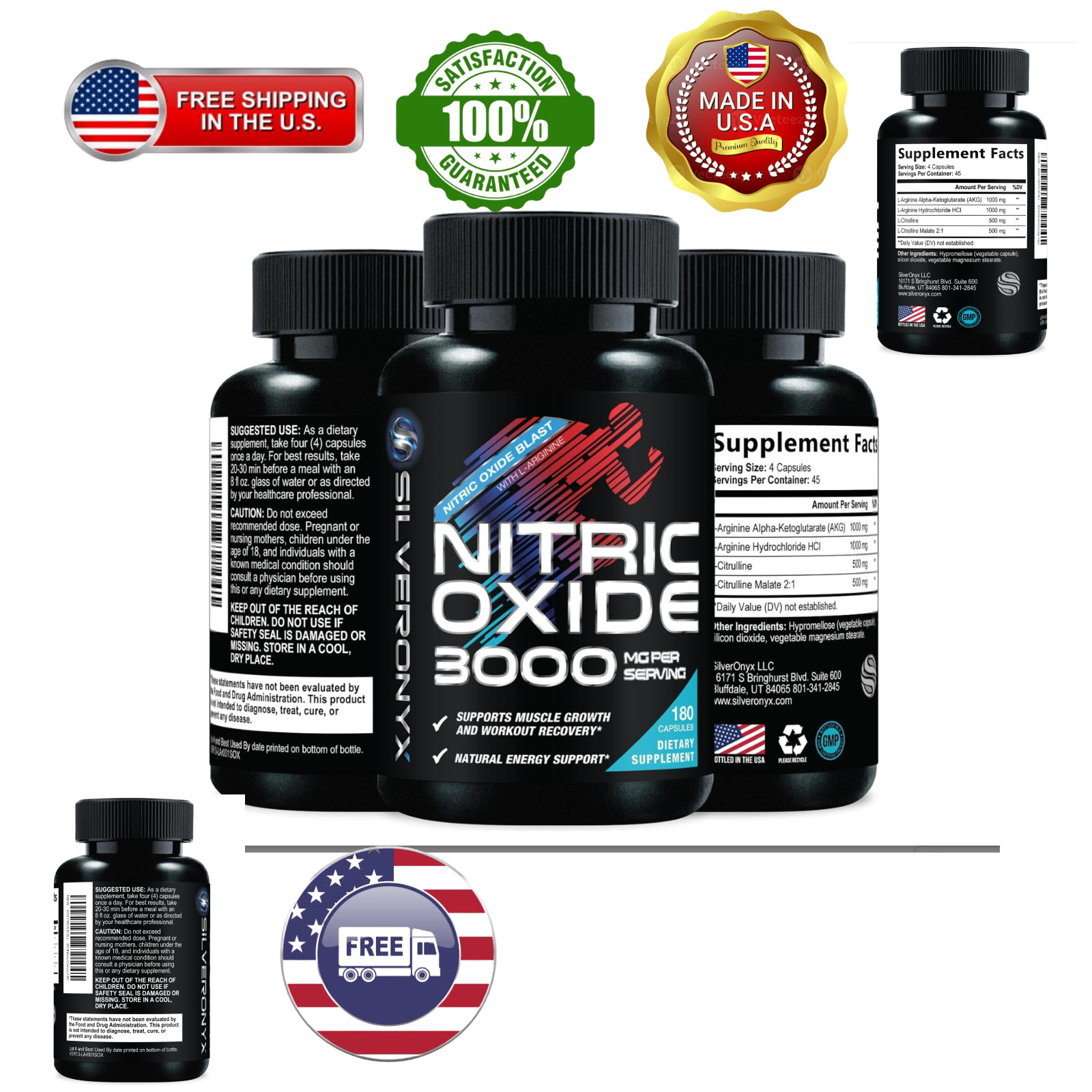 Potenciador de óxido nítrico, energía natural y apoyo muscular, 180 cápsulas