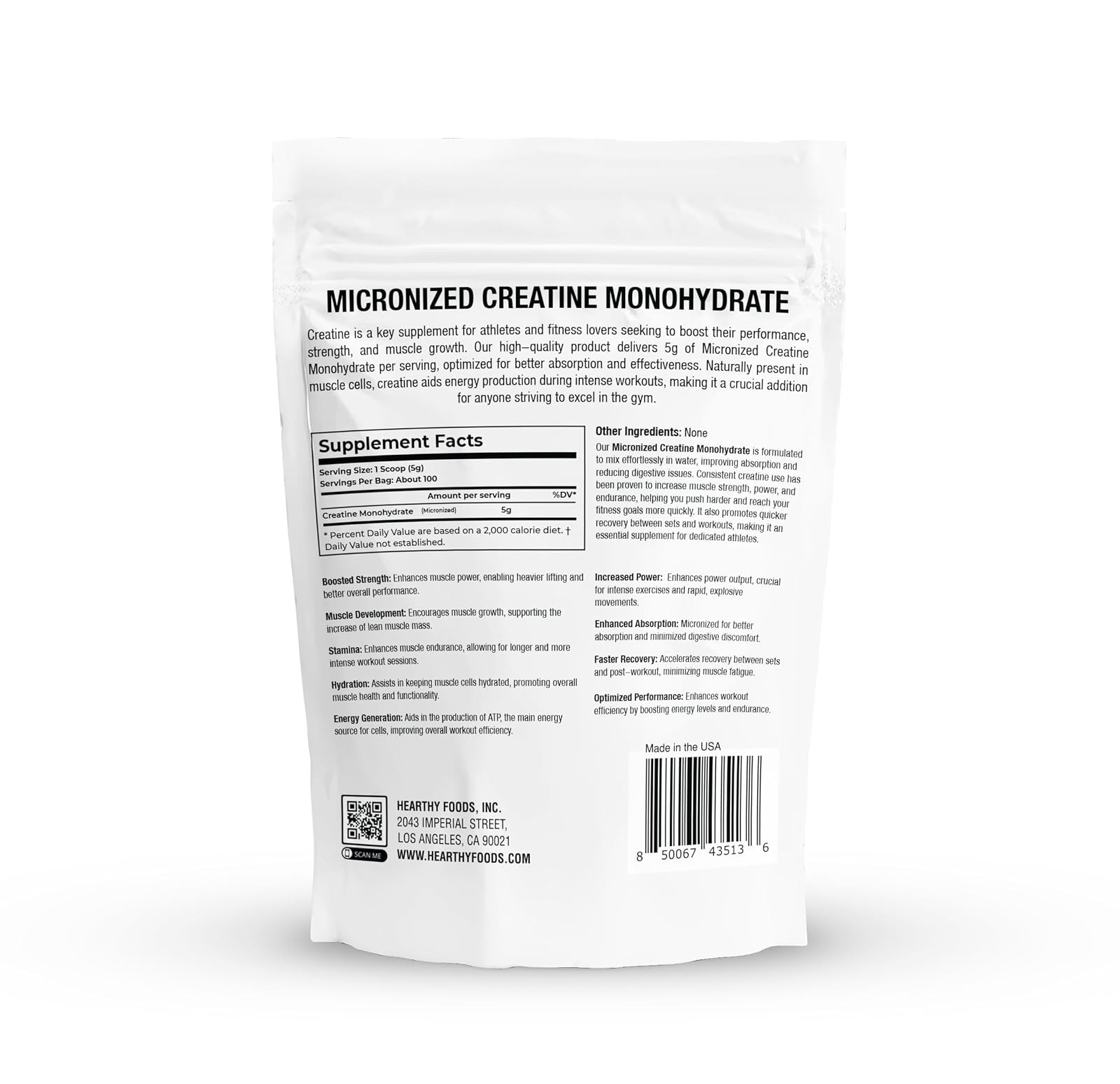 Hearthy Foods Creatine Monohydrate Powder 500G – Unflavored, 100 Servings
