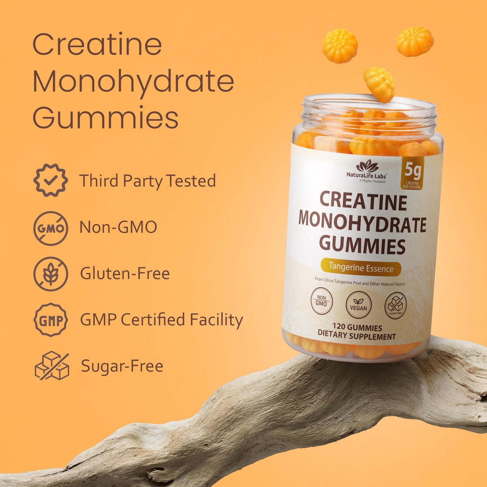 Creatine Monohydrate Gummies – 5g per Serving – Tangerine Flavor – 120 Gummie…