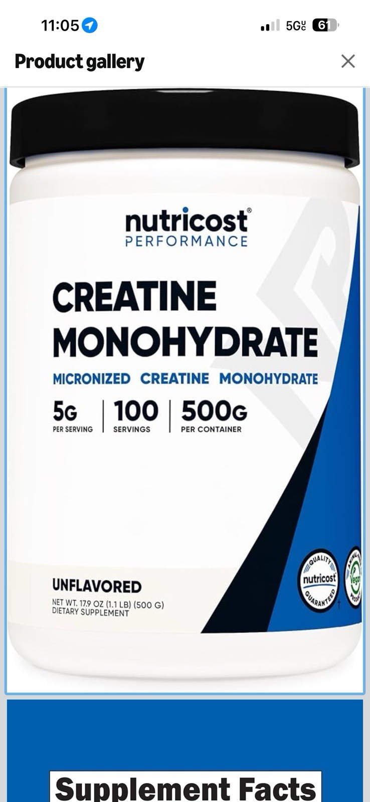 Nutricost Pure Creatine Monohydrate 500 Gram Powder Unflavored Exp 04/2029