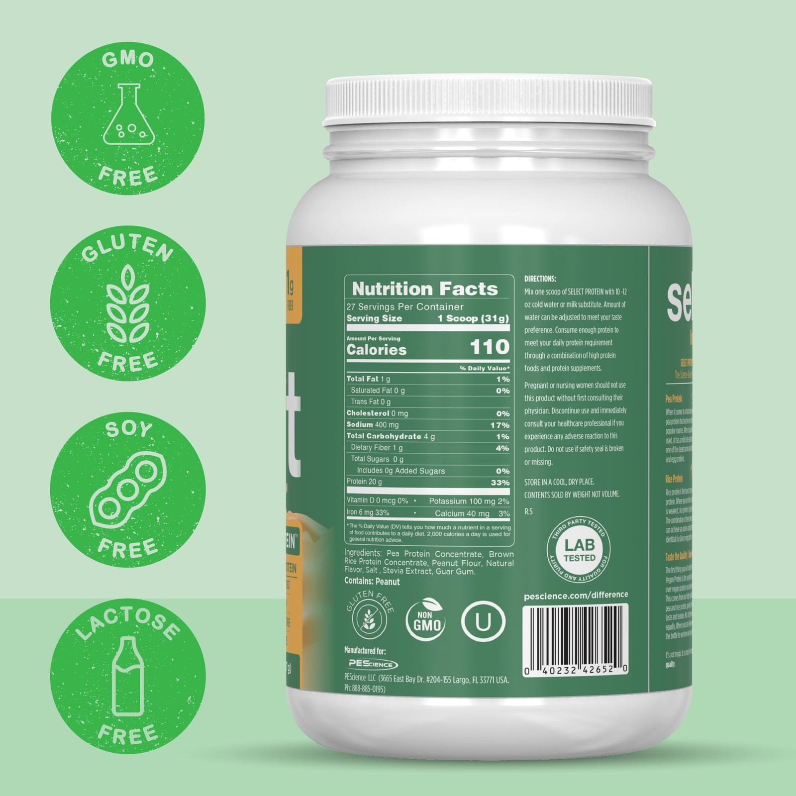 PEScience Select Vegan Protein Powder Plant Based 27 Servings Delicious Taste